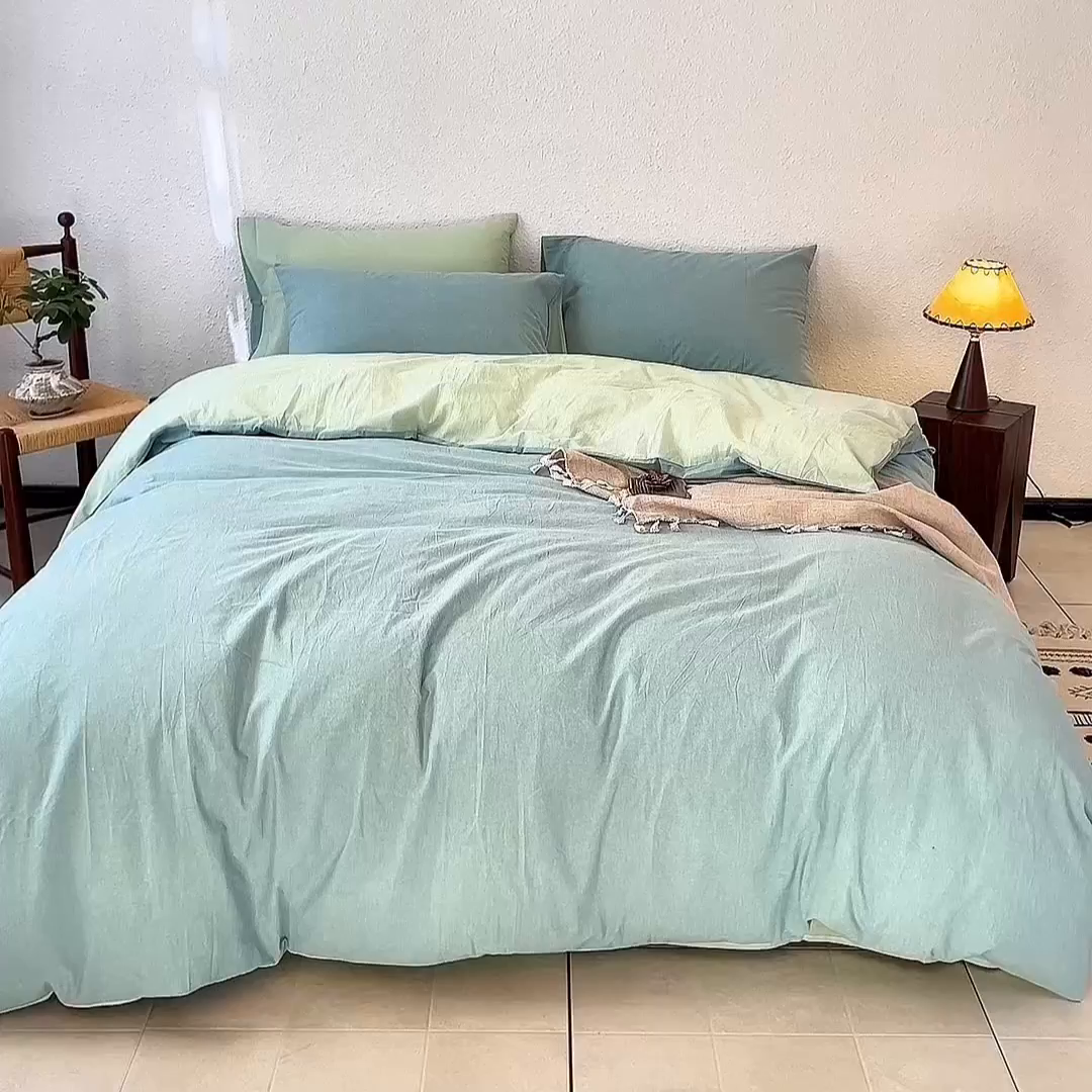 91家纺网 家纺一手货源 找家纺 兰紫橙家纺 2026新款A类色织纯色全棉水洗棉四件套 全棉水洗棉-天蓝+抹茶绿
