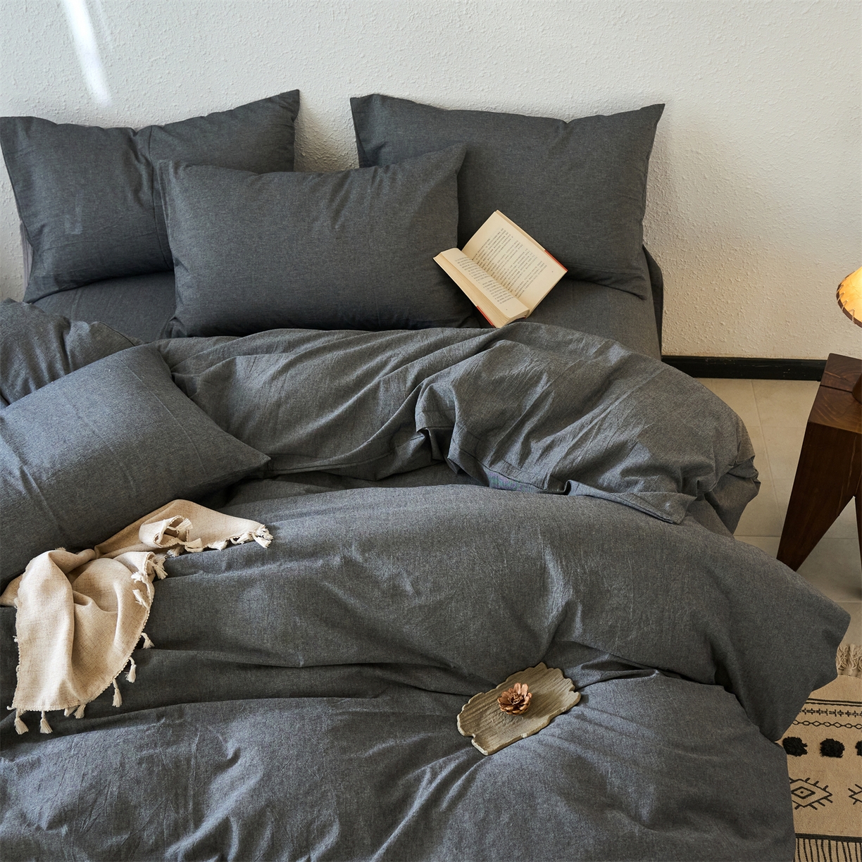 兰紫橙家纺 2026新款A类色织纯色全棉水洗棉四件套 全棉水洗棉-月岩黑