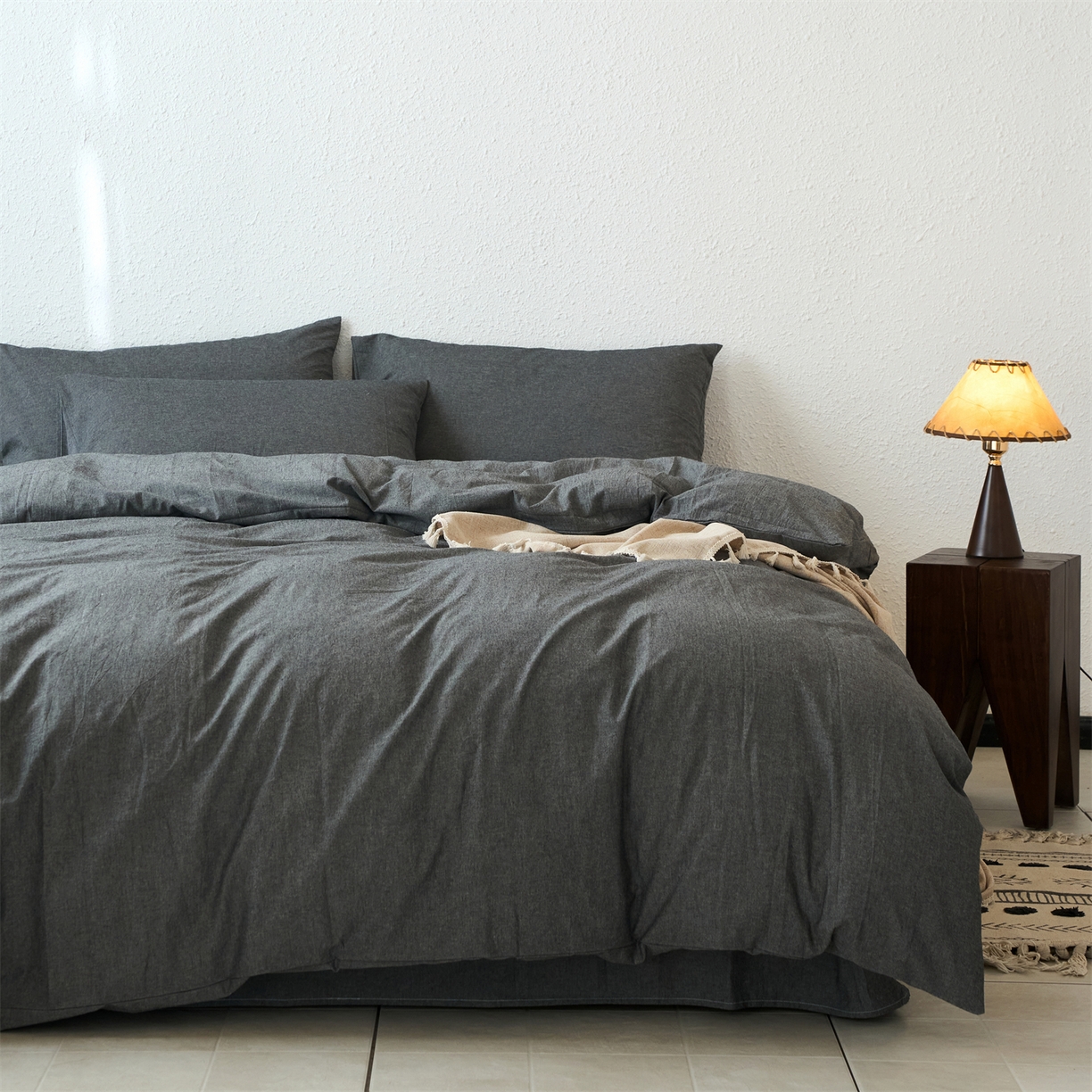 91家纺网 家纺一手货源 找家纺 兰紫橙家纺 2026新款A类色织纯色全棉水洗棉四件套 全棉水洗棉-月岩黑