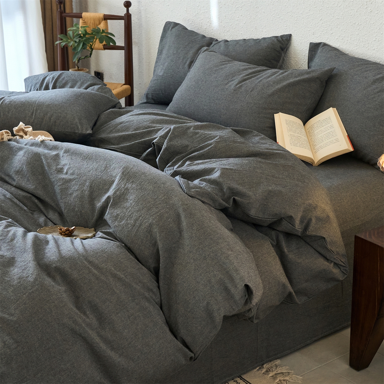 91家纺网 家纺一手货源 找家纺 兰紫橙家纺 2026新款A类色织纯色全棉水洗棉四件套 全棉水洗棉-月岩黑