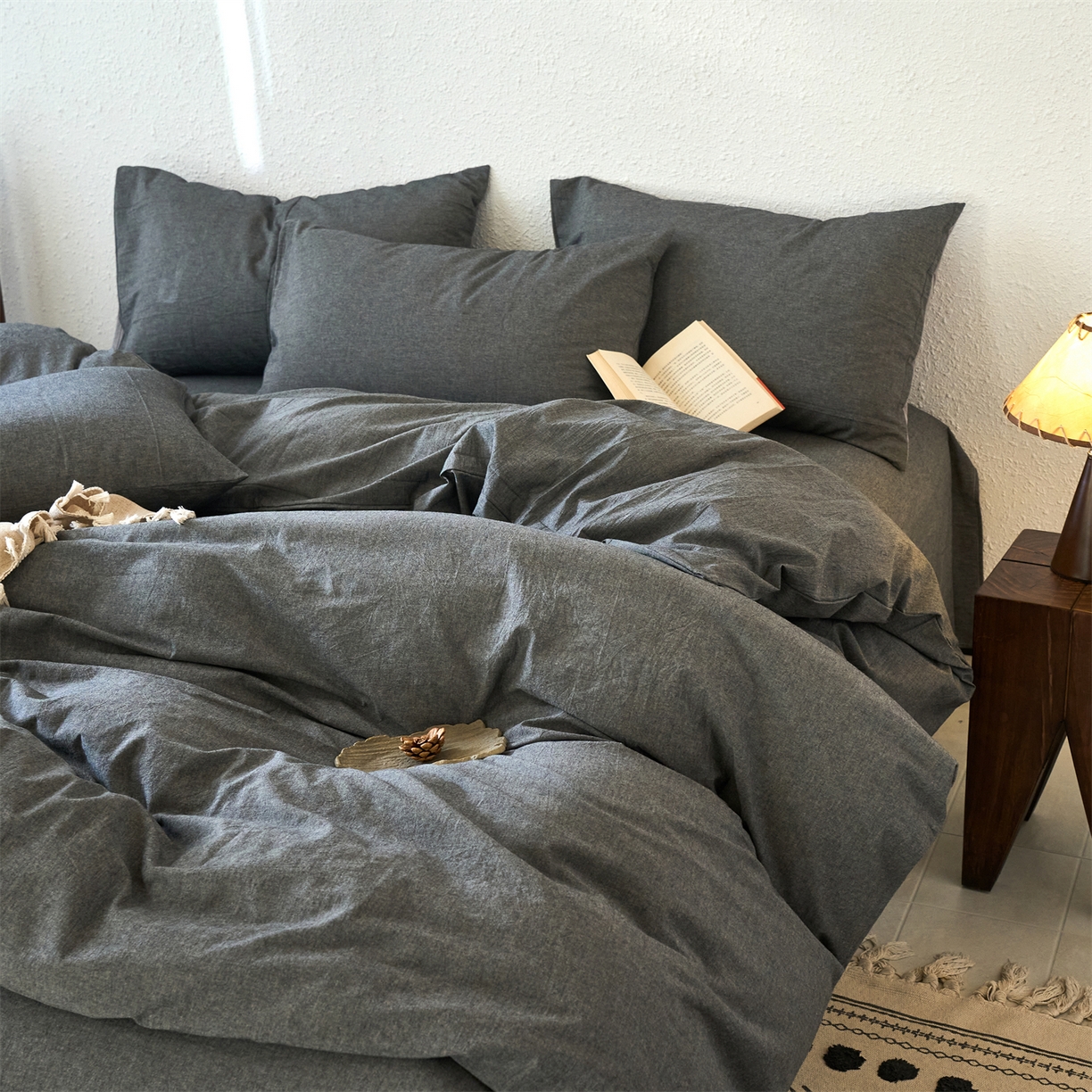 91家纺网 家纺一手货源 找家纺 兰紫橙家纺 2026新款A类色织纯色全棉水洗棉四件套 全棉水洗棉-月岩黑