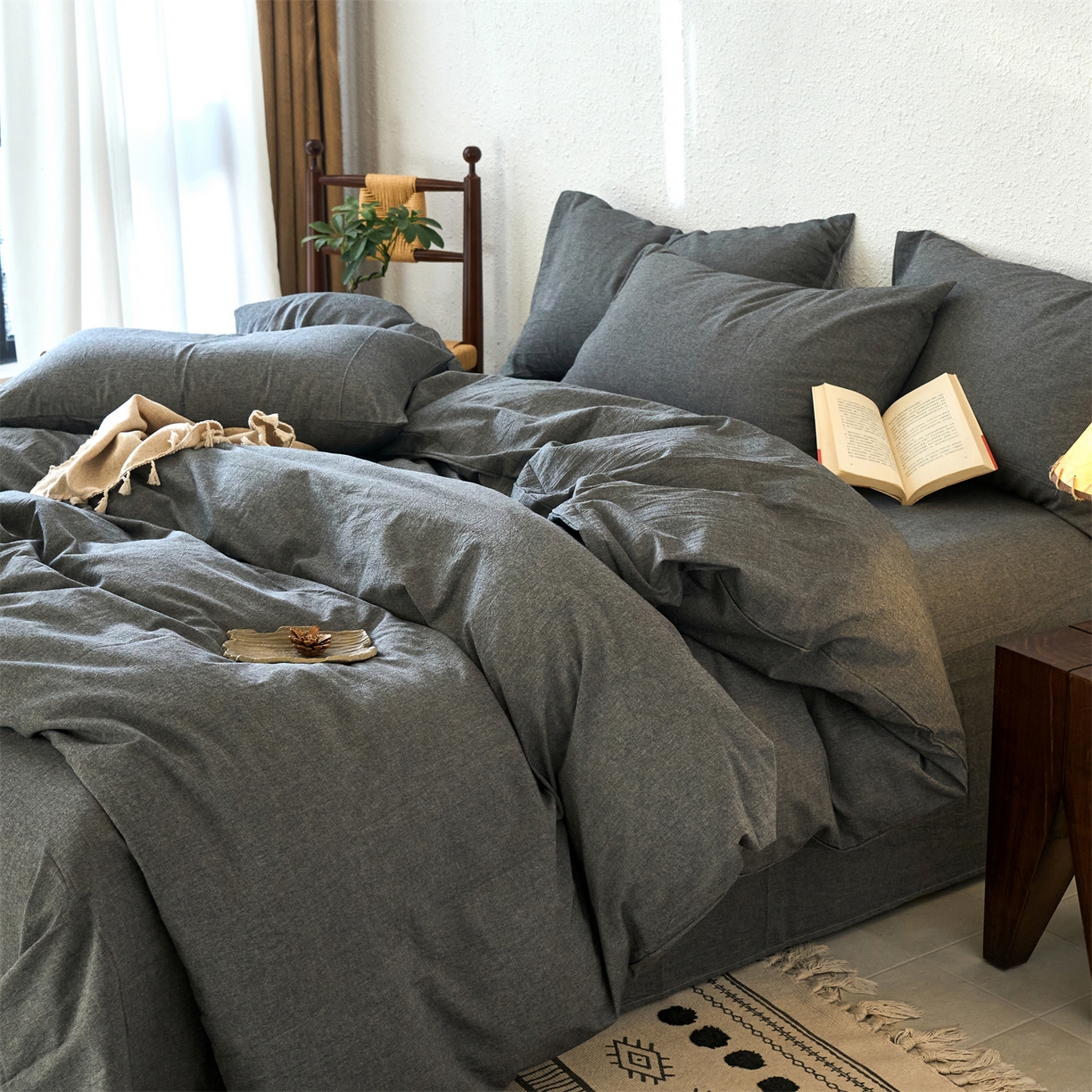 91家纺网 家纺一手货源 找家纺 兰紫橙家纺 2026新款A类色织纯色全棉水洗棉四件套 全棉水洗棉-月岩黑