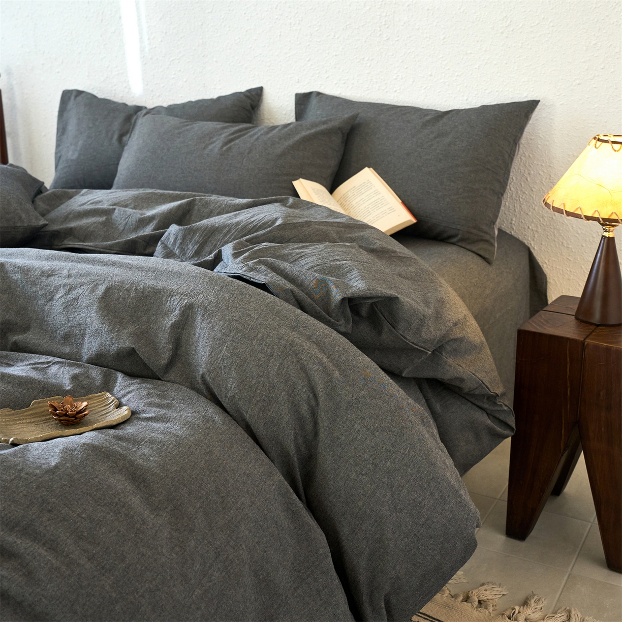 91家纺网 家纺一手货源 找家纺 兰紫橙家纺 2026新款A类色织纯色全棉水洗棉四件套 全棉水洗棉-月岩黑