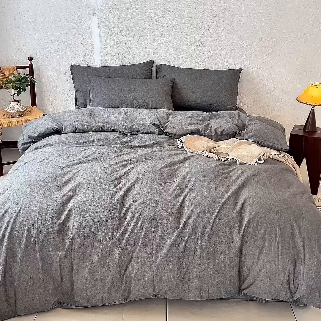 91家纺网 家纺一手货源 找家纺 兰紫橙家纺 2026新款A类色织纯色全棉水洗棉四件套 全棉水洗棉-月岩黑