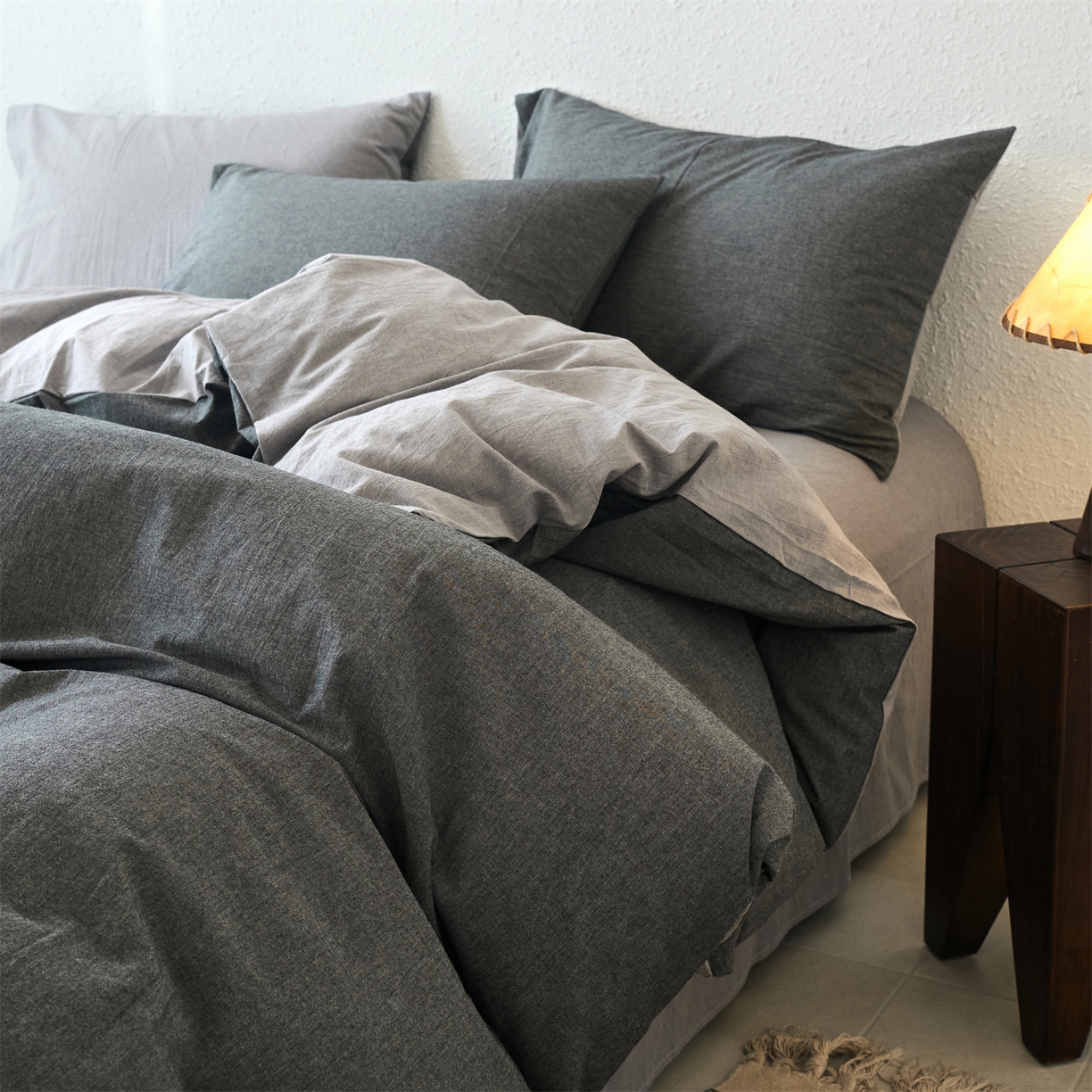 91家纺网 家纺一手货源 找家纺 兰紫橙家纺 2026新款A类色织纯色全棉水洗棉四件套 全棉水洗棉-月岩黑+浅灰