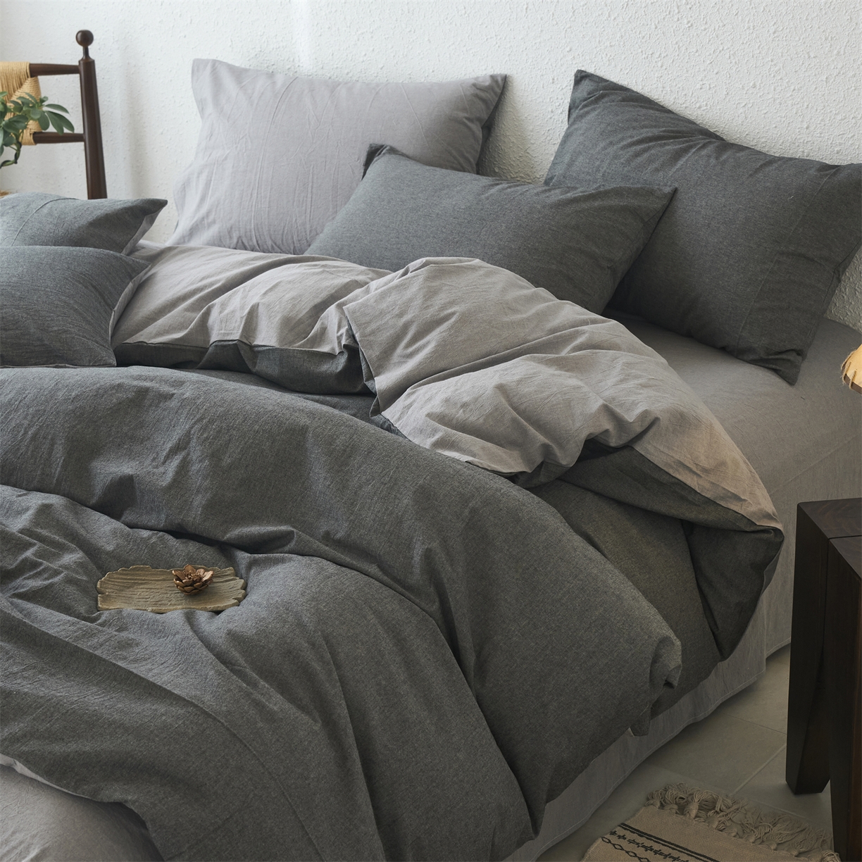 91家纺网 家纺一手货源 找家纺 兰紫橙家纺 2026新款A类色织纯色全棉水洗棉四件套 全棉水洗棉-月岩黑+浅灰