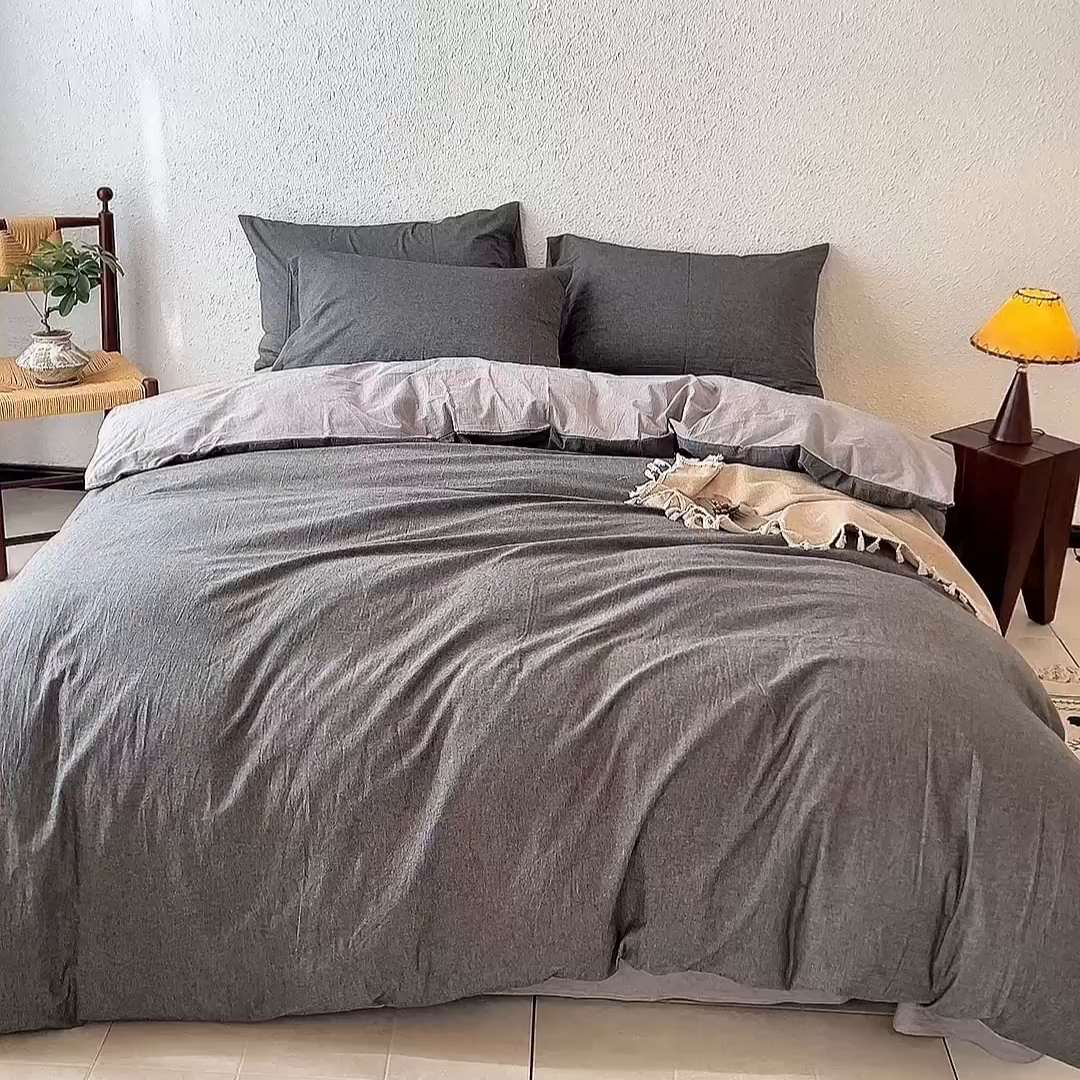 91家纺网 家纺一手货源 找家纺 兰紫橙家纺 2026新款A类色织纯色全棉水洗棉四件套 全棉水洗棉-月岩黑+浅灰