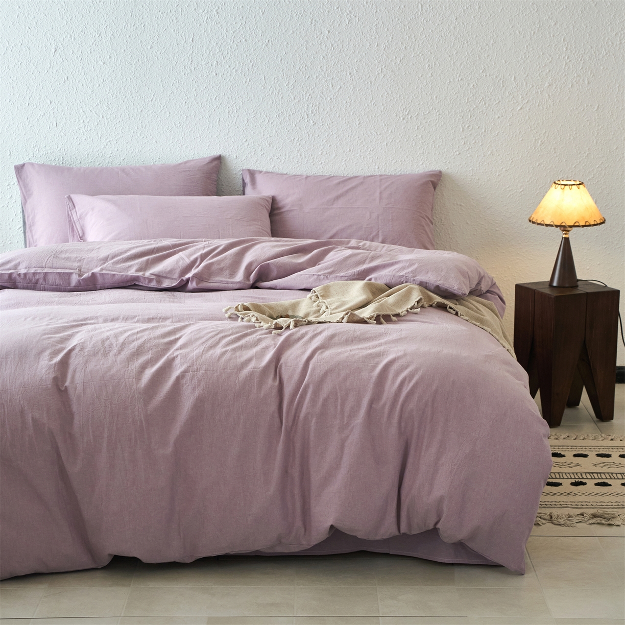 91家纺网 家纺一手货源 找家纺 兰紫橙家纺 2026新款A类色织纯色全棉水洗棉四件套 全棉水洗棉-紫红