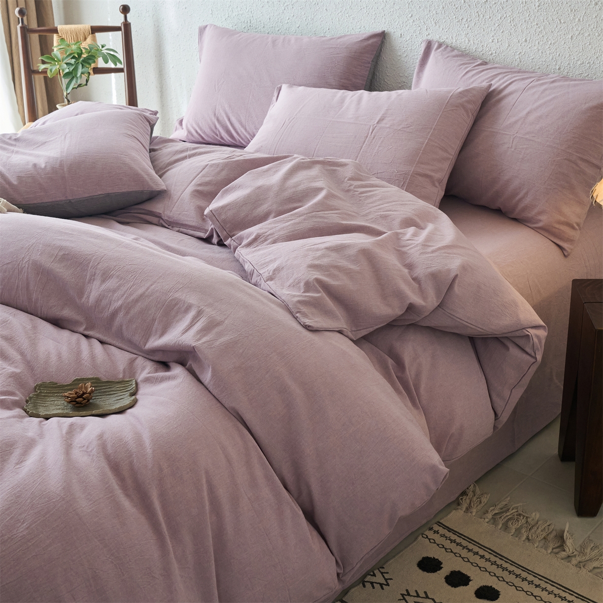 91家纺网 家纺一手货源 找家纺 兰紫橙家纺 2026新款A类色织纯色全棉水洗棉四件套 全棉水洗棉-紫红