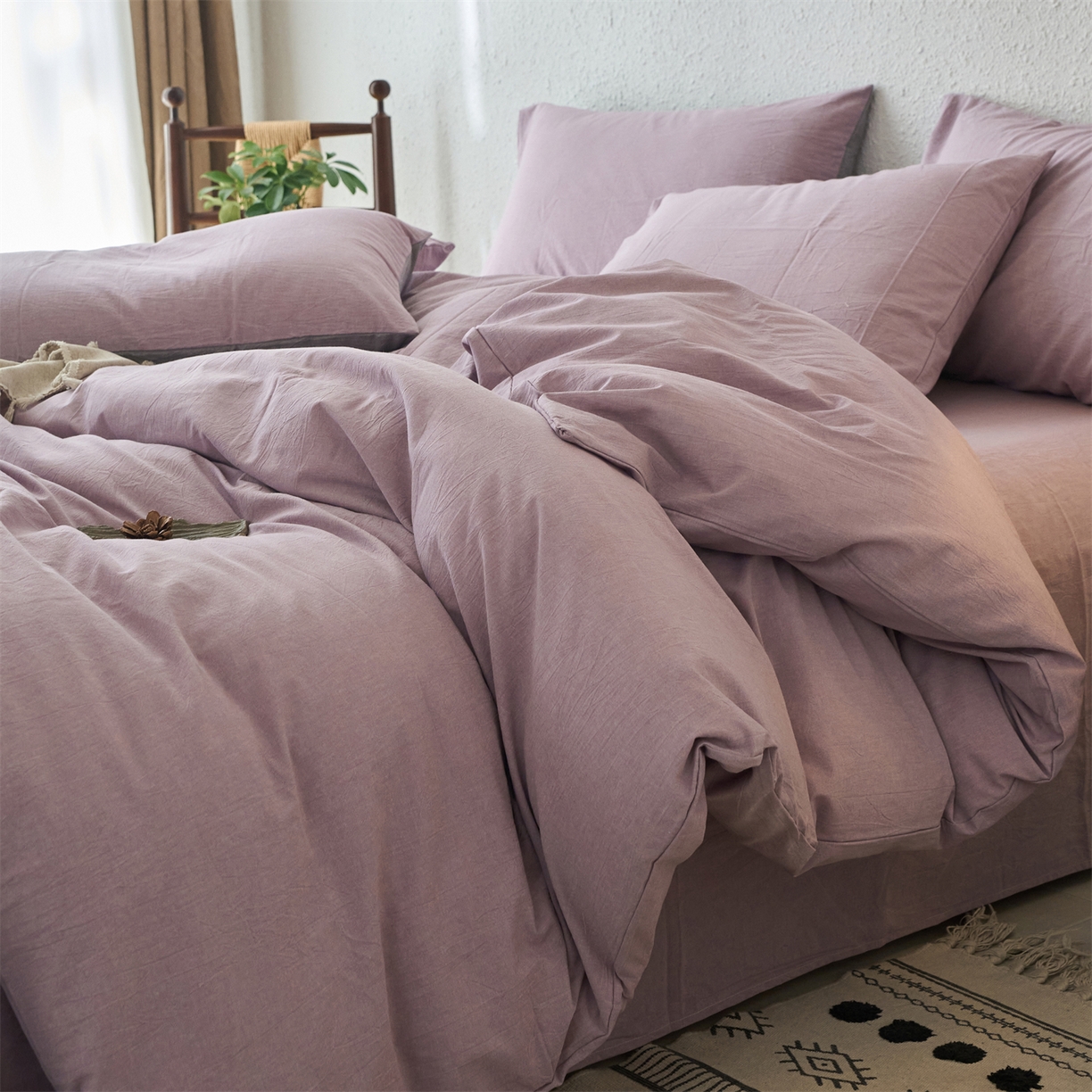 91家纺网 家纺一手货源 找家纺 兰紫橙家纺 2026新款A类色织纯色全棉水洗棉四件套 全棉水洗棉-紫红