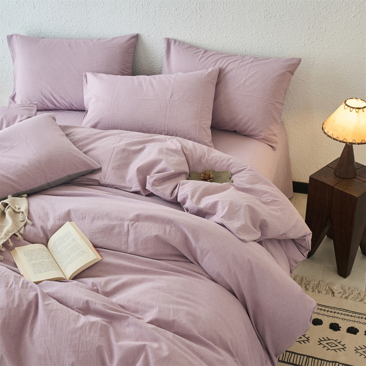 91家纺网 家纺一手货源 找家纺 兰紫橙家纺 2026新款A类色织纯色全棉水洗棉四件套 全棉水洗棉-紫红