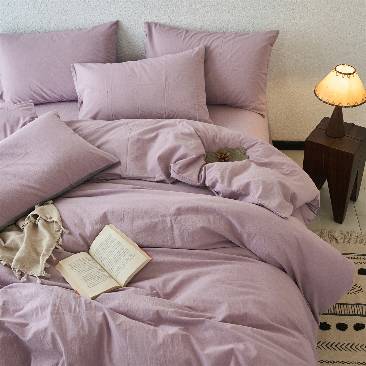 91家纺网 家纺一手货源 找家纺 兰紫橙家纺 2026新款A类色织纯色全棉水洗棉四件套 全棉水洗棉-紫红