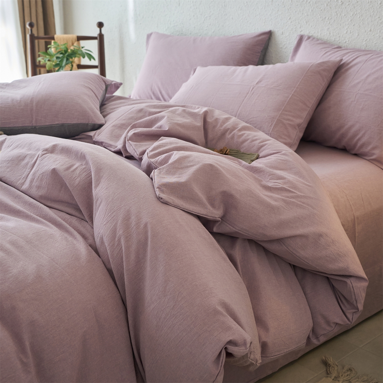 91家纺网 家纺一手货源 找家纺 兰紫橙家纺 2026新款A类色织纯色全棉水洗棉四件套 全棉水洗棉-紫红