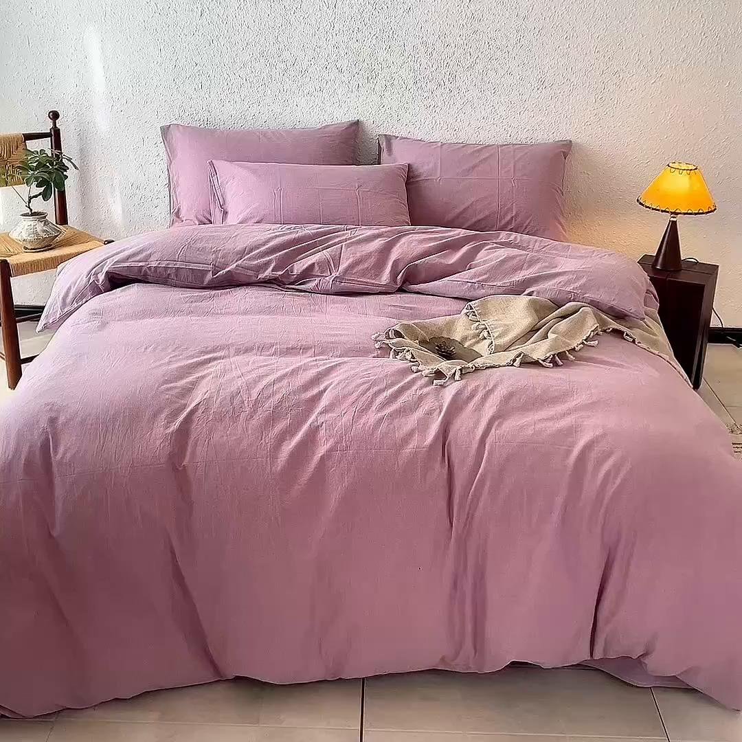 91家纺网 家纺一手货源 找家纺 兰紫橙家纺 2026新款A类色织纯色全棉水洗棉四件套 全棉水洗棉-紫红