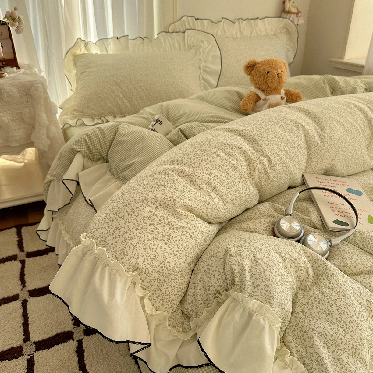 91家纺网 家纺一手货源 找家纺 （总）初夏家纺 2026 法式花边公主风四件套小清新格子简约双人床床上用品三件套床单【提供买家秀】