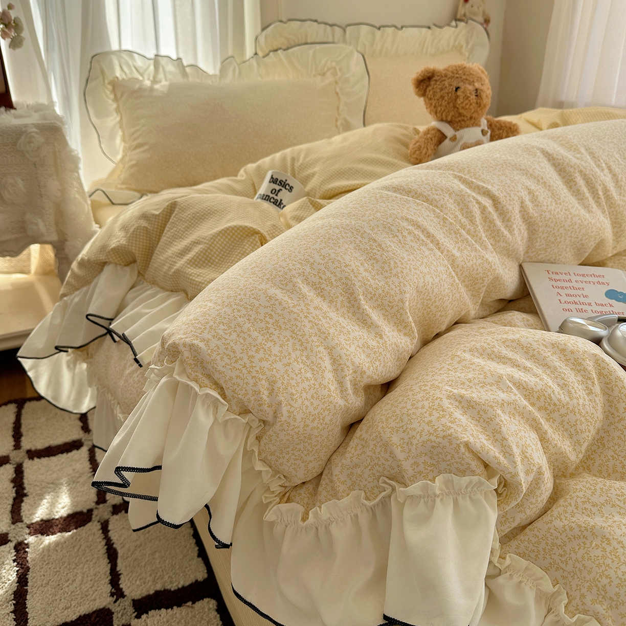 91家纺网 家纺一手货源 找家纺 初夏家纺 2026 法式花边公主风四件套小清新格子简约双人床床上用品三件套床单【提供买家秀】 花边恋曲-黄