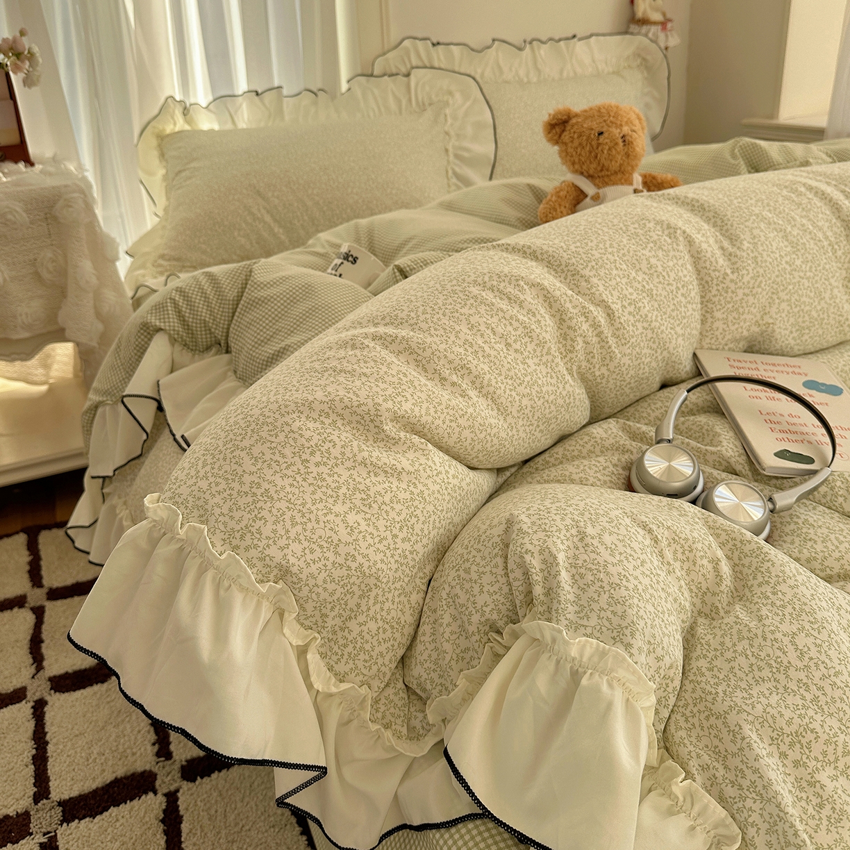 91家纺网 家纺一手货源 找家纺 初夏家纺 2026 法式花边公主风四件套小清新格子简约双人床床上用品三件套床单【提供买家秀】 花边恋曲-绿