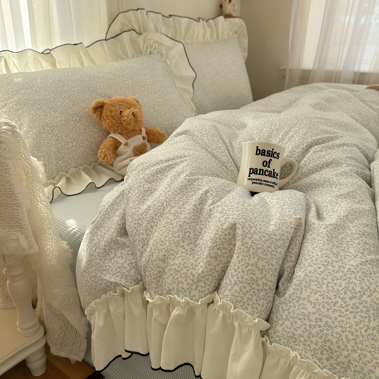 91家纺网 家纺一手货源 找家纺 初夏家纺 2026 法式花边公主风四件套小清新格子简约双人床床上用品三件套床单【提供买家秀】 花边恋曲-蓝