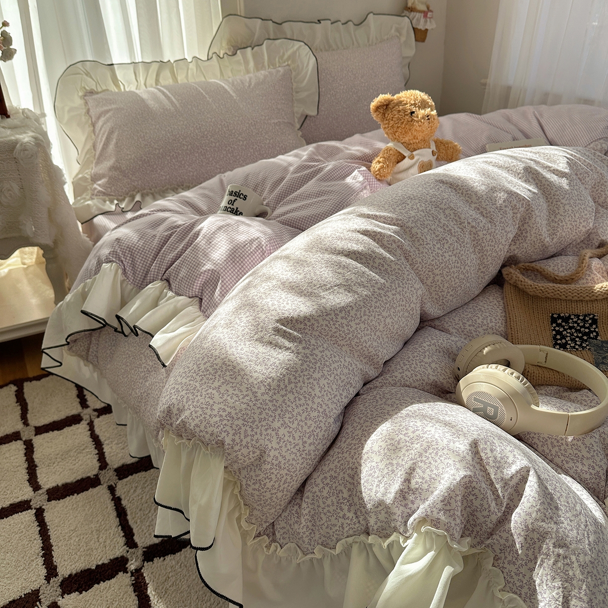 91家纺网 家纺一手货源 找家纺 初夏家纺 2026 法式花边公主风四件套小清新格子简约双人床床上用品三件套床单【提供买家秀】 花边恋曲-紫