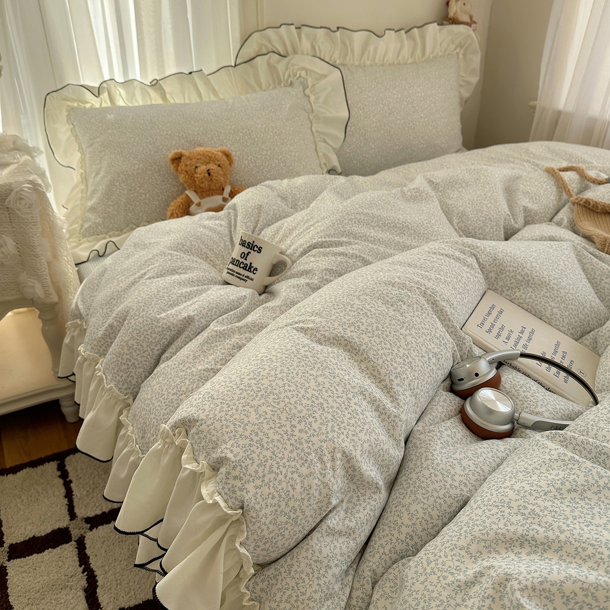 91家纺网 家纺一手货源 找家纺 初夏家纺 2026 法式花边公主风四件套小清新格子简约双人床床上用品三件套床单【提供买家秀】 花边恋曲-蓝