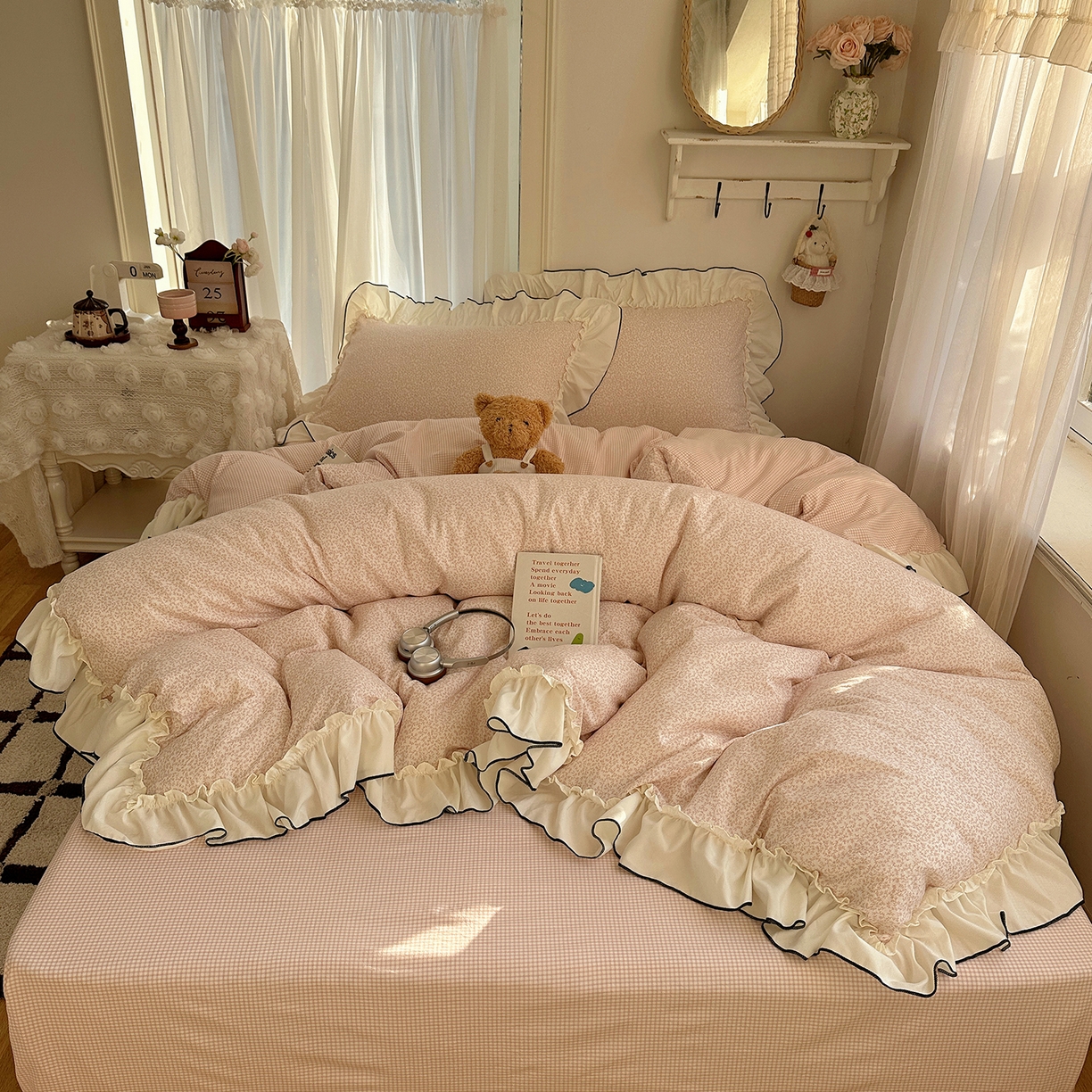 91家纺网 家纺一手货源 找家纺 初夏家纺 2026 法式花边公主风四件套小清新格子简约双人床床上用品三件套床单【提供买家秀】 花边恋曲-玉