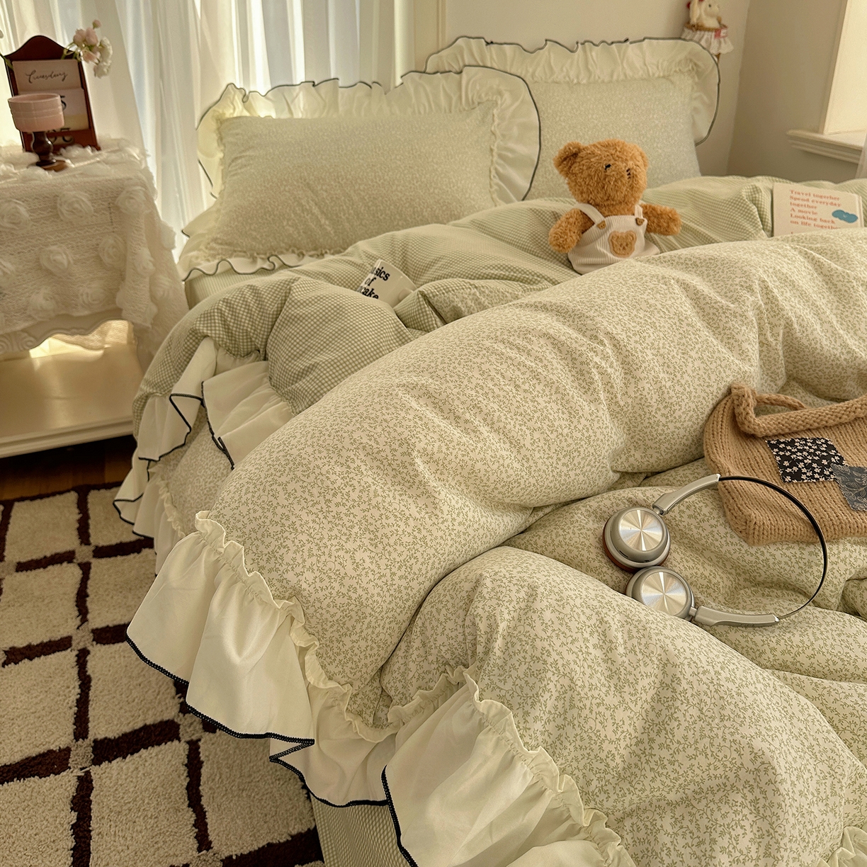 91家纺网 家纺一手货源 找家纺 初夏家纺 2026 法式花边公主风四件套小清新格子简约双人床床上用品三件套床单【提供买家秀】 花边恋曲-绿