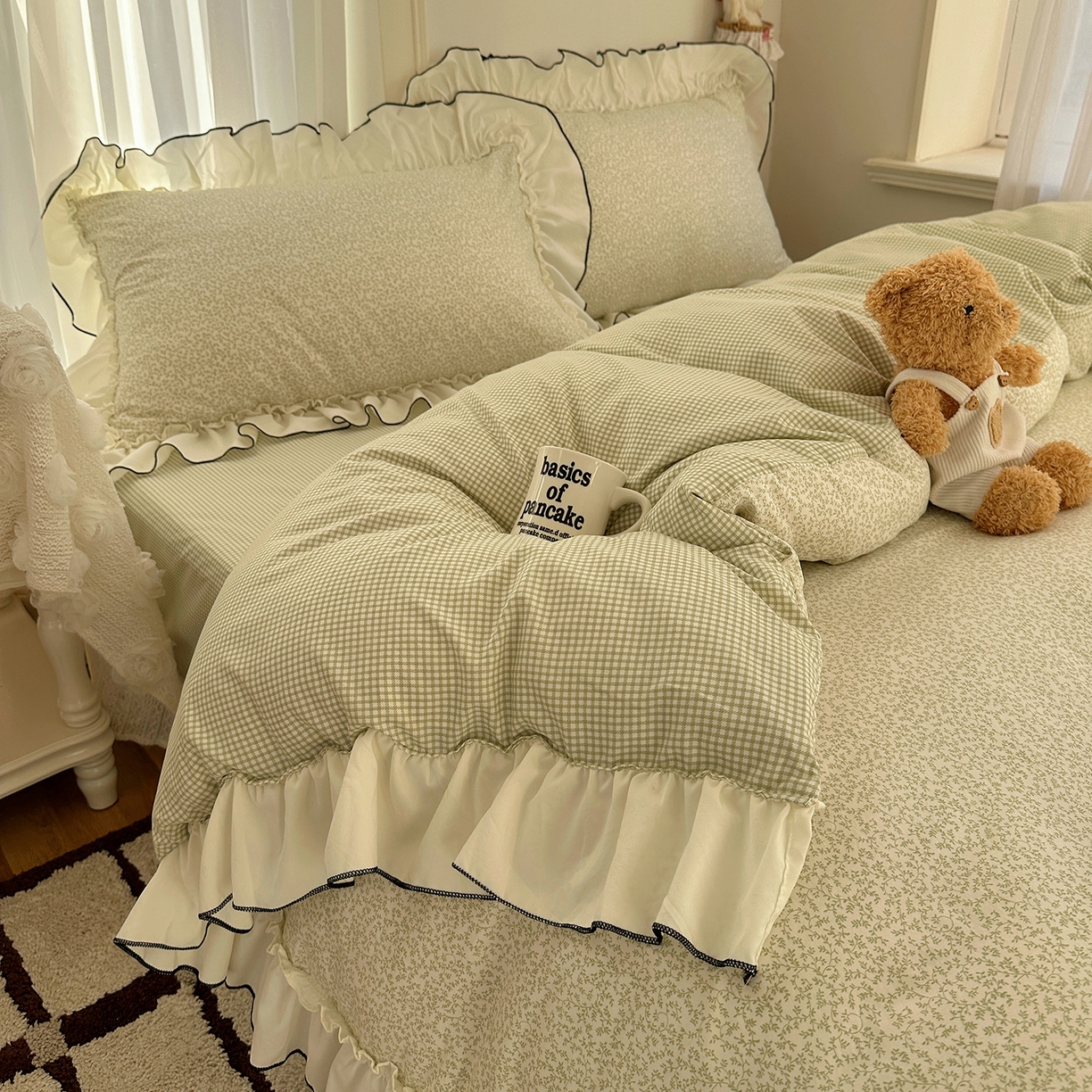 91家纺网 家纺一手货源 找家纺 初夏家纺 2026 法式花边公主风四件套小清新格子简约双人床床上用品三件套床单【提供买家秀】 花边恋曲-绿