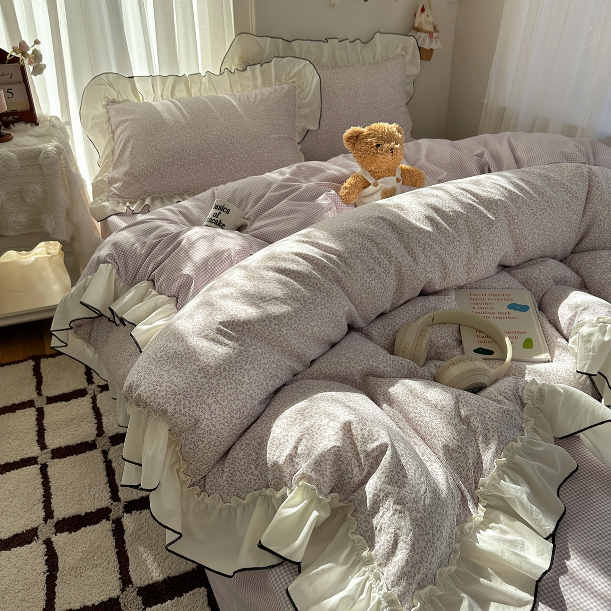 91家纺网 家纺一手货源 找家纺 初夏家纺 2026 法式花边公主风四件套小清新格子简约双人床床上用品三件套床单【提供买家秀】 花边恋曲-紫