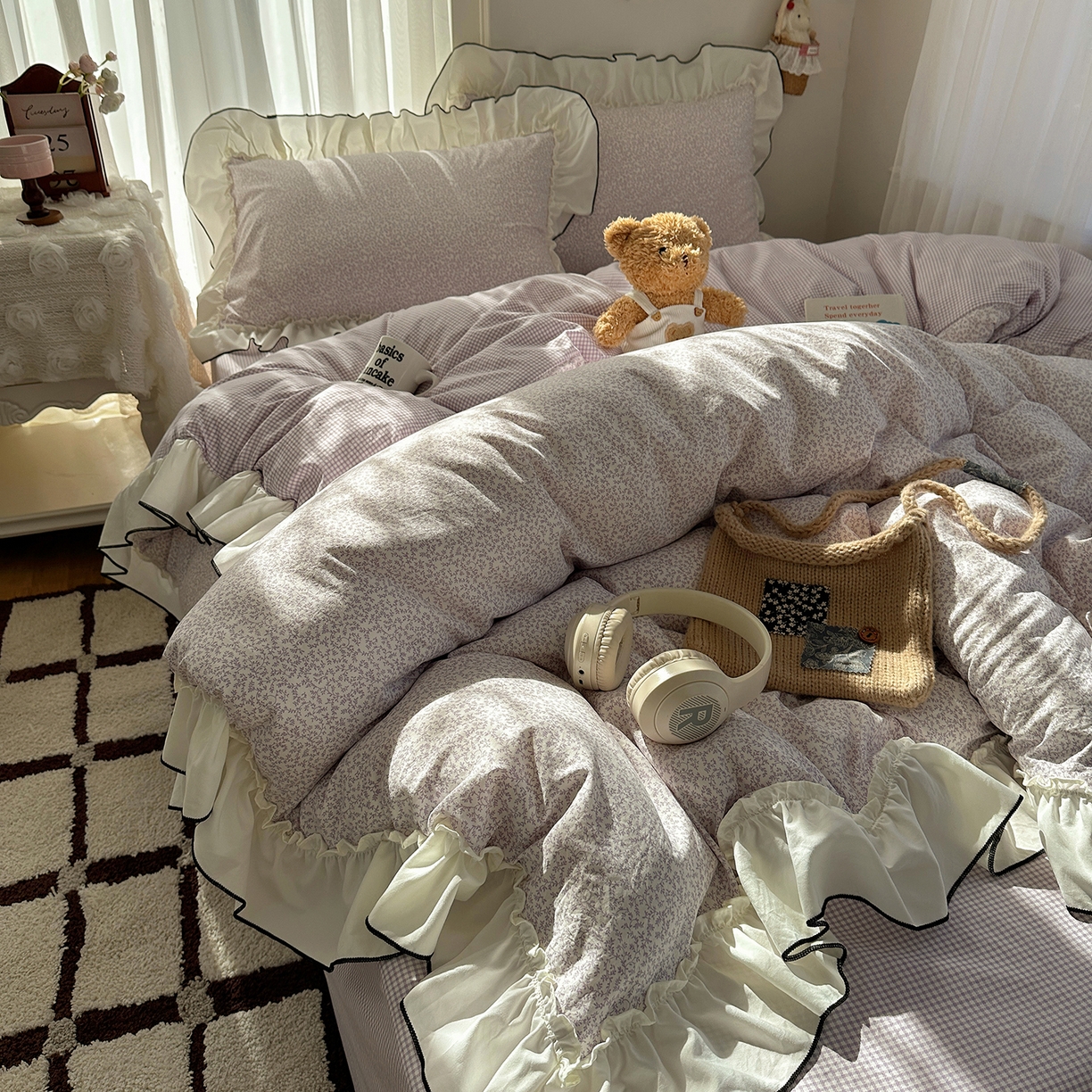 91家纺网 家纺一手货源 找家纺 初夏家纺 2026 法式花边公主风四件套小清新格子简约双人床床上用品三件套床单【提供买家秀】 花边恋曲-紫