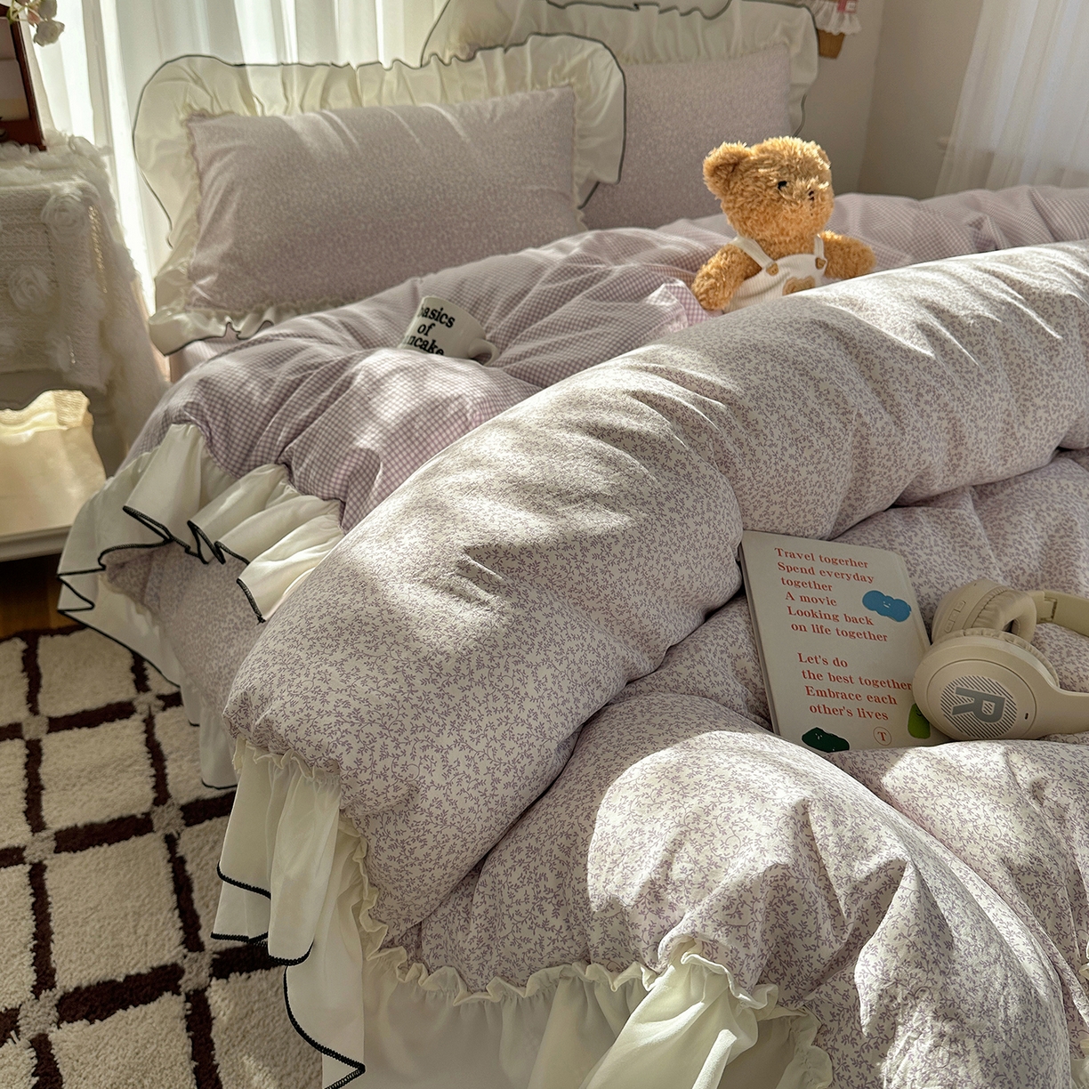 初夏家纺 2026 法式花边公主风四件套小清新格子简约双人床床上用品三件套床单【提供买家秀】 花边恋曲-紫