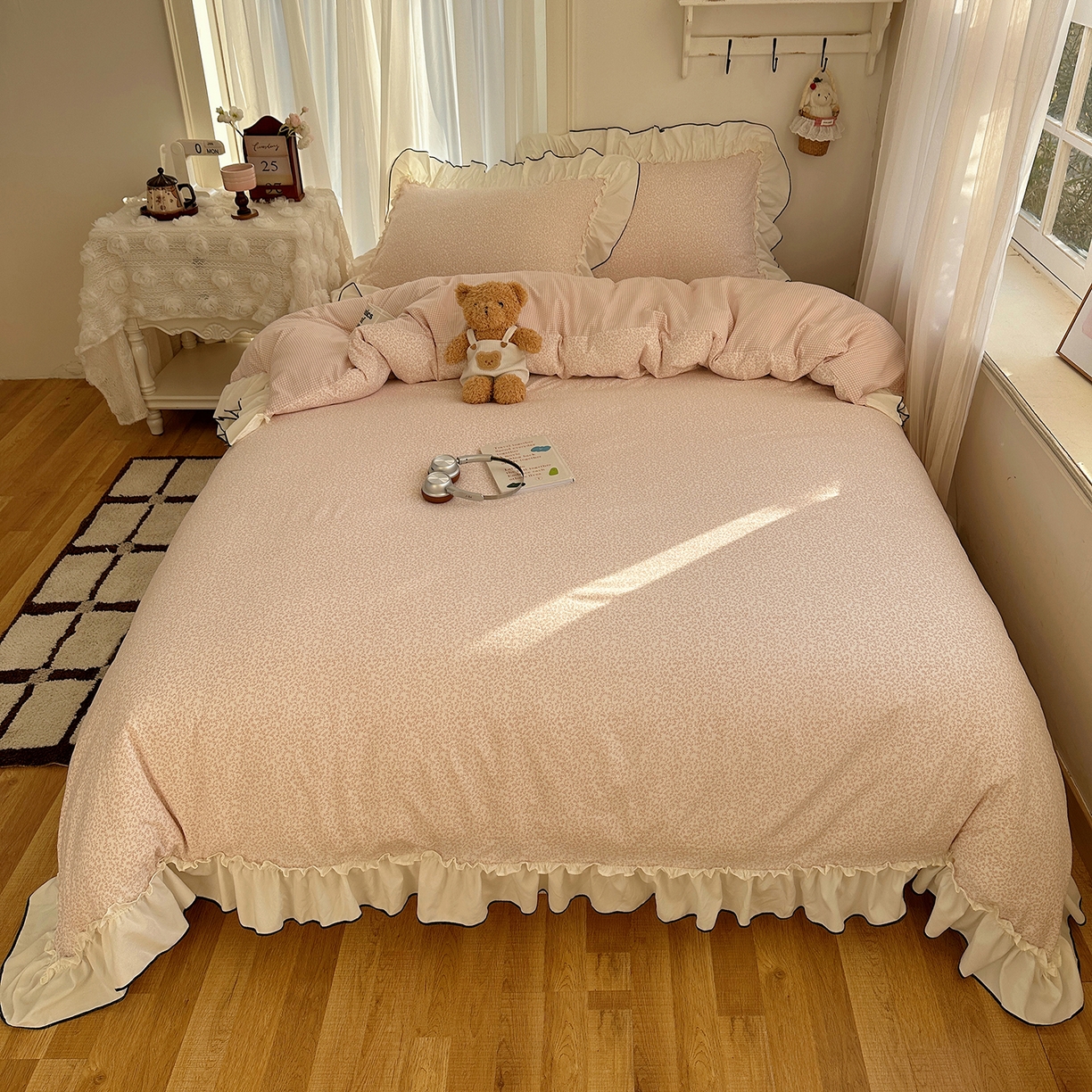 91家纺网 家纺一手货源 找家纺 初夏家纺 2026 法式花边公主风四件套小清新格子简约双人床床上用品三件套床单【提供买家秀】 花边恋曲-玉