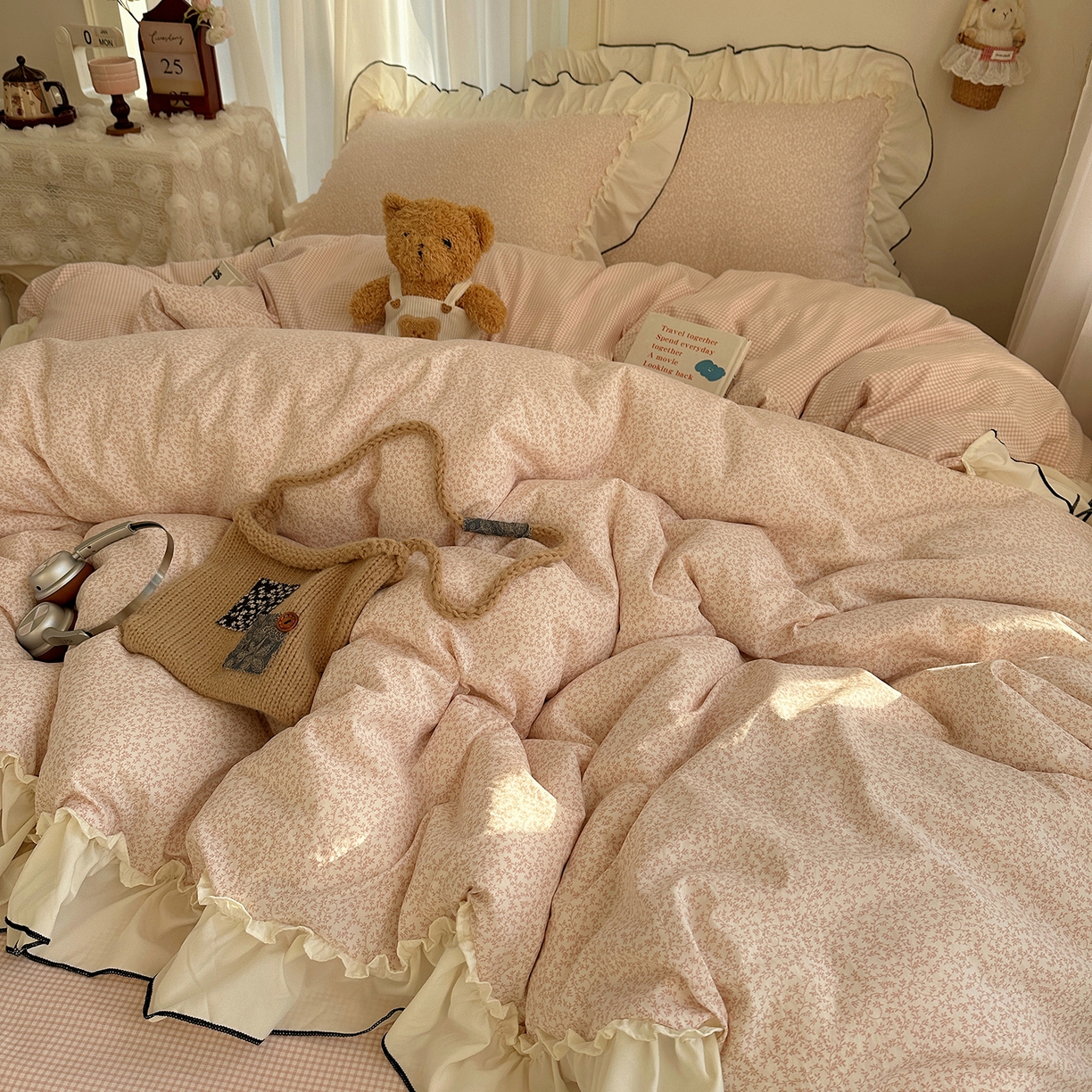 91家纺网 家纺一手货源 找家纺 初夏家纺 2026 法式花边公主风四件套小清新格子简约双人床床上用品三件套床单【提供买家秀】 花边恋曲-玉