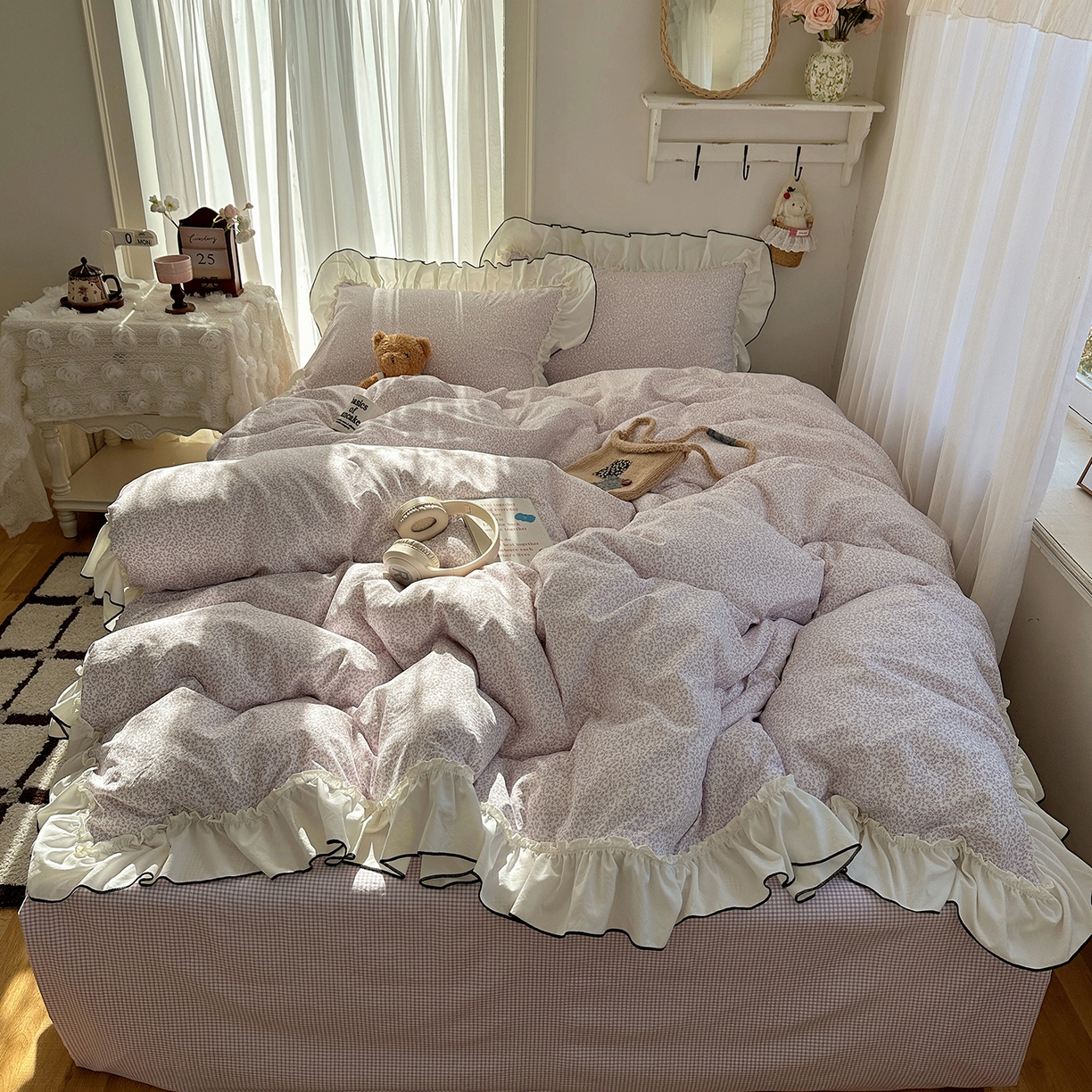 91家纺网 家纺一手货源 找家纺 初夏家纺 2026 法式花边公主风四件套小清新格子简约双人床床上用品三件套床单【提供买家秀】 花边恋曲-紫