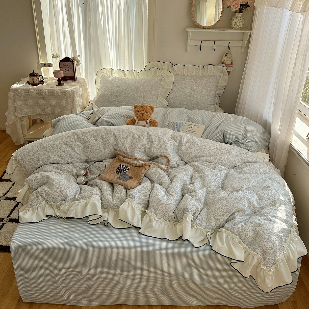 91家纺网 家纺一手货源 找家纺 初夏家纺 2026 法式花边公主风四件套小清新格子简约双人床床上用品三件套床单【提供买家秀】 花边恋曲-蓝