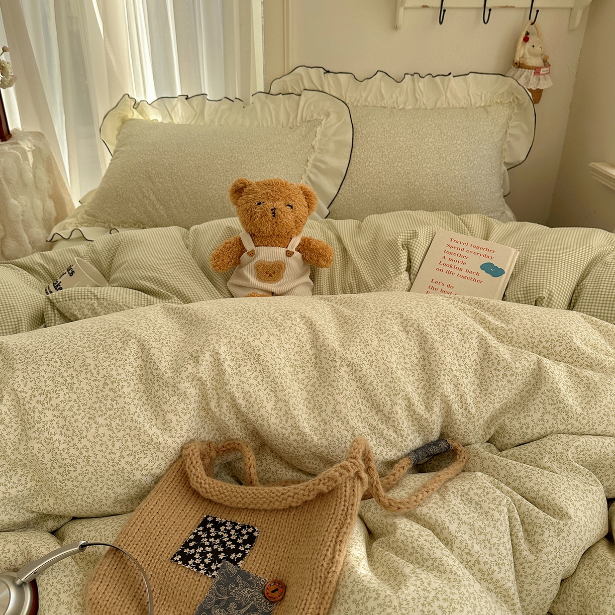 91家纺网 家纺一手货源 找家纺 初夏家纺 2026 法式花边公主风四件套小清新格子简约双人床床上用品三件套床单【提供买家秀】 花边恋曲-绿