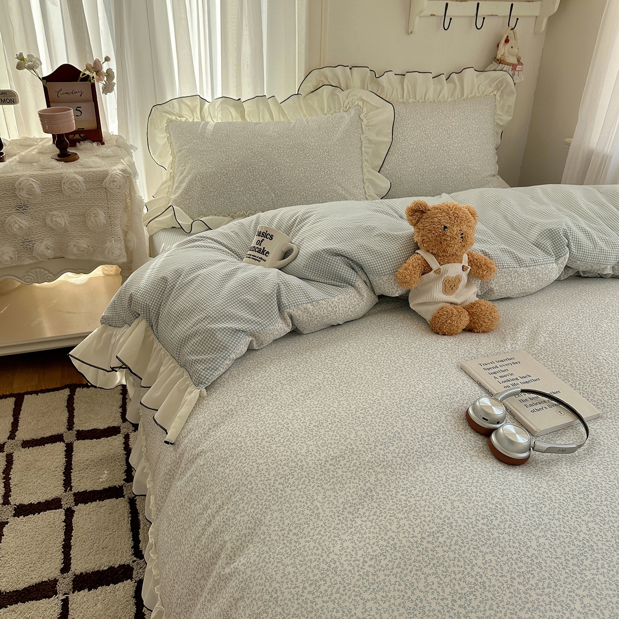 91家纺网 家纺一手货源 找家纺 初夏家纺 2026 法式花边公主风四件套小清新格子简约双人床床上用品三件套床单【提供买家秀】 花边恋曲-蓝