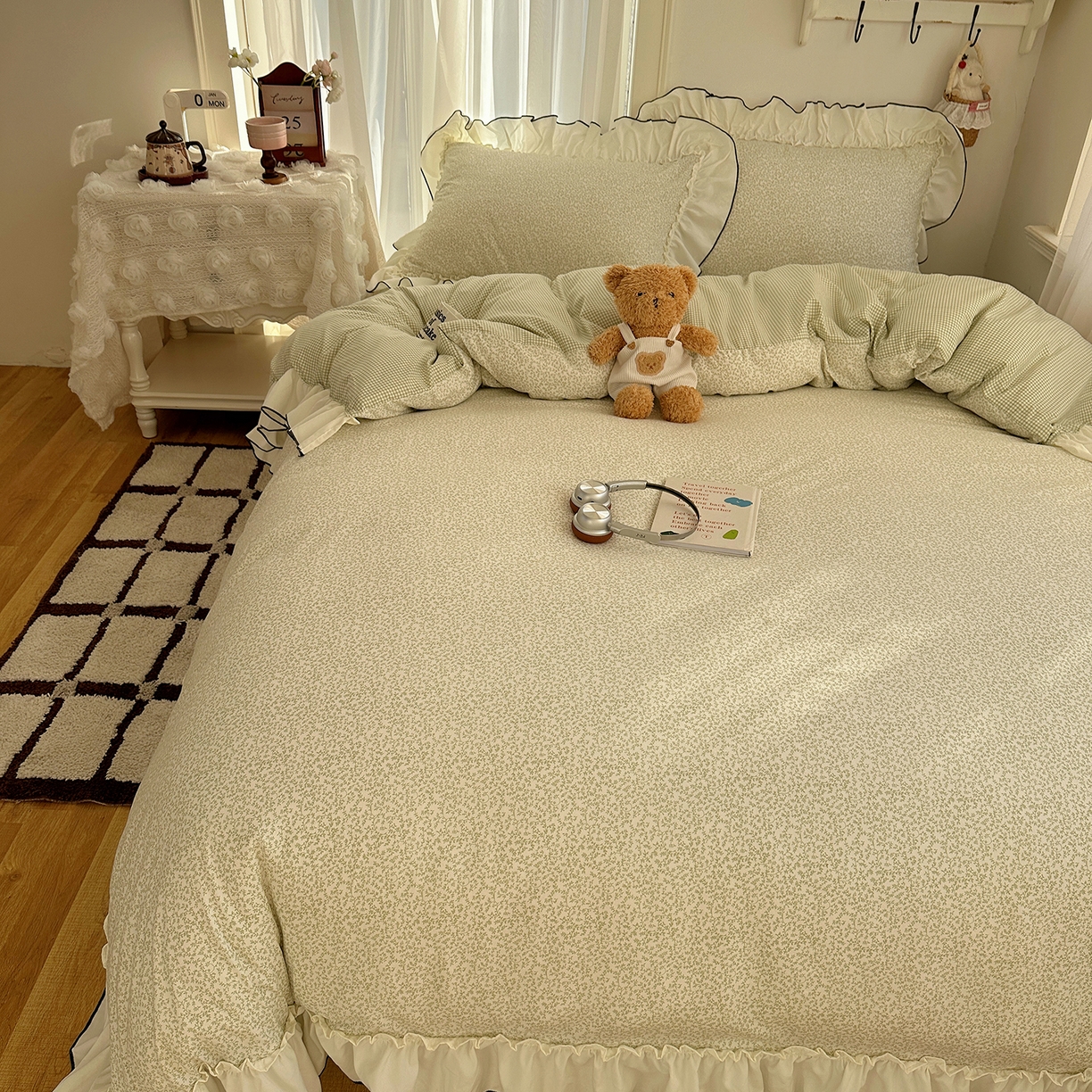 91家纺网 家纺一手货源 找家纺 初夏家纺 2026 法式花边公主风四件套小清新格子简约双人床床上用品三件套床单【提供买家秀】 花边恋曲-绿