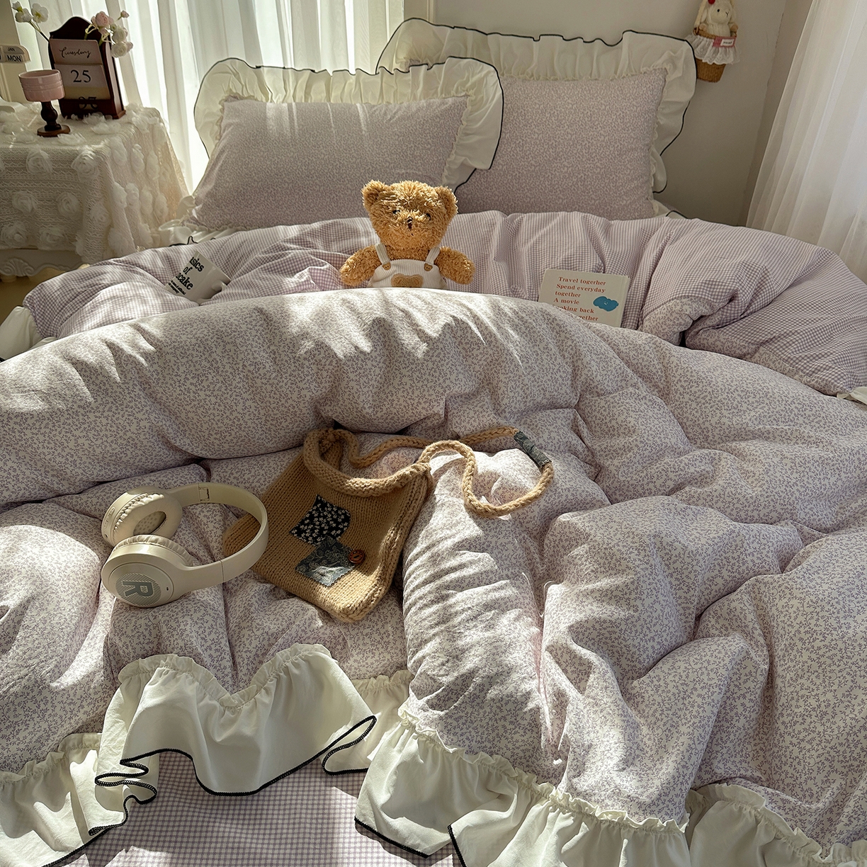 91家纺网 家纺一手货源 找家纺 初夏家纺 2026 法式花边公主风四件套小清新格子简约双人床床上用品三件套床单【提供买家秀】 花边恋曲-紫