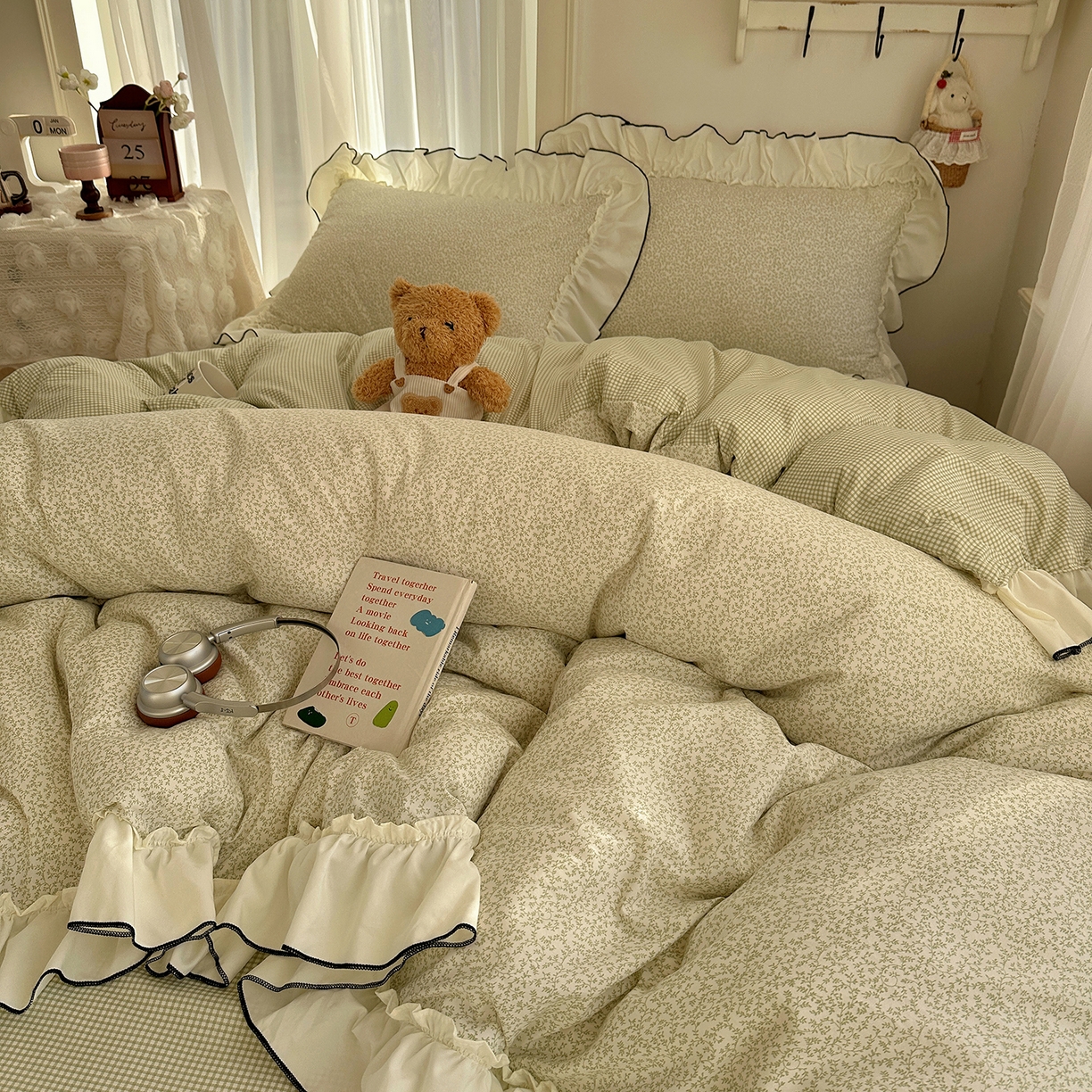 91家纺网 家纺一手货源 找家纺 初夏家纺 2026 法式花边公主风四件套小清新格子简约双人床床上用品三件套床单【提供买家秀】 花边恋曲-绿