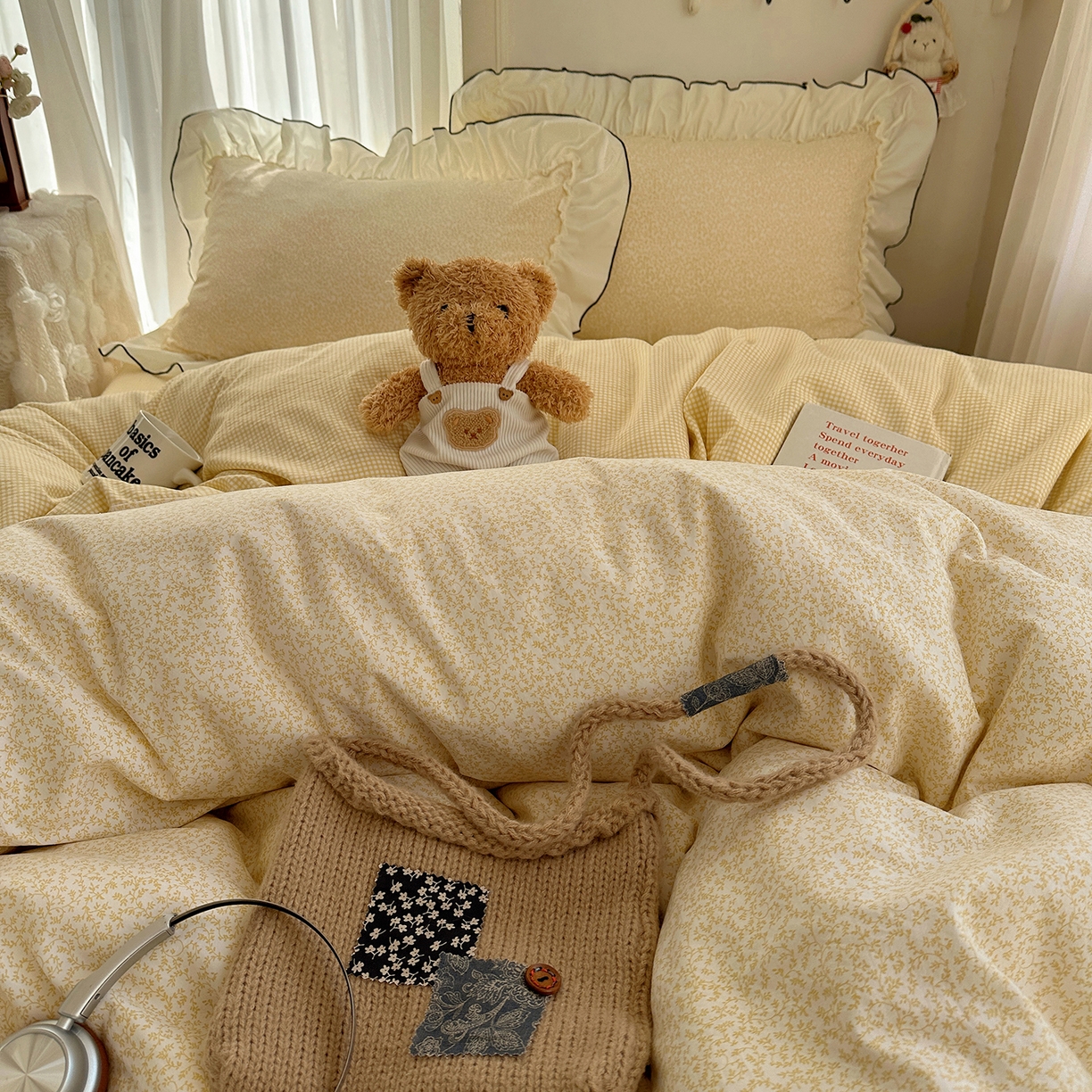 91家纺网 家纺一手货源 找家纺 初夏家纺 2026 法式花边公主风四件套小清新格子简约双人床床上用品三件套床单【提供买家秀】 花边恋曲-黄