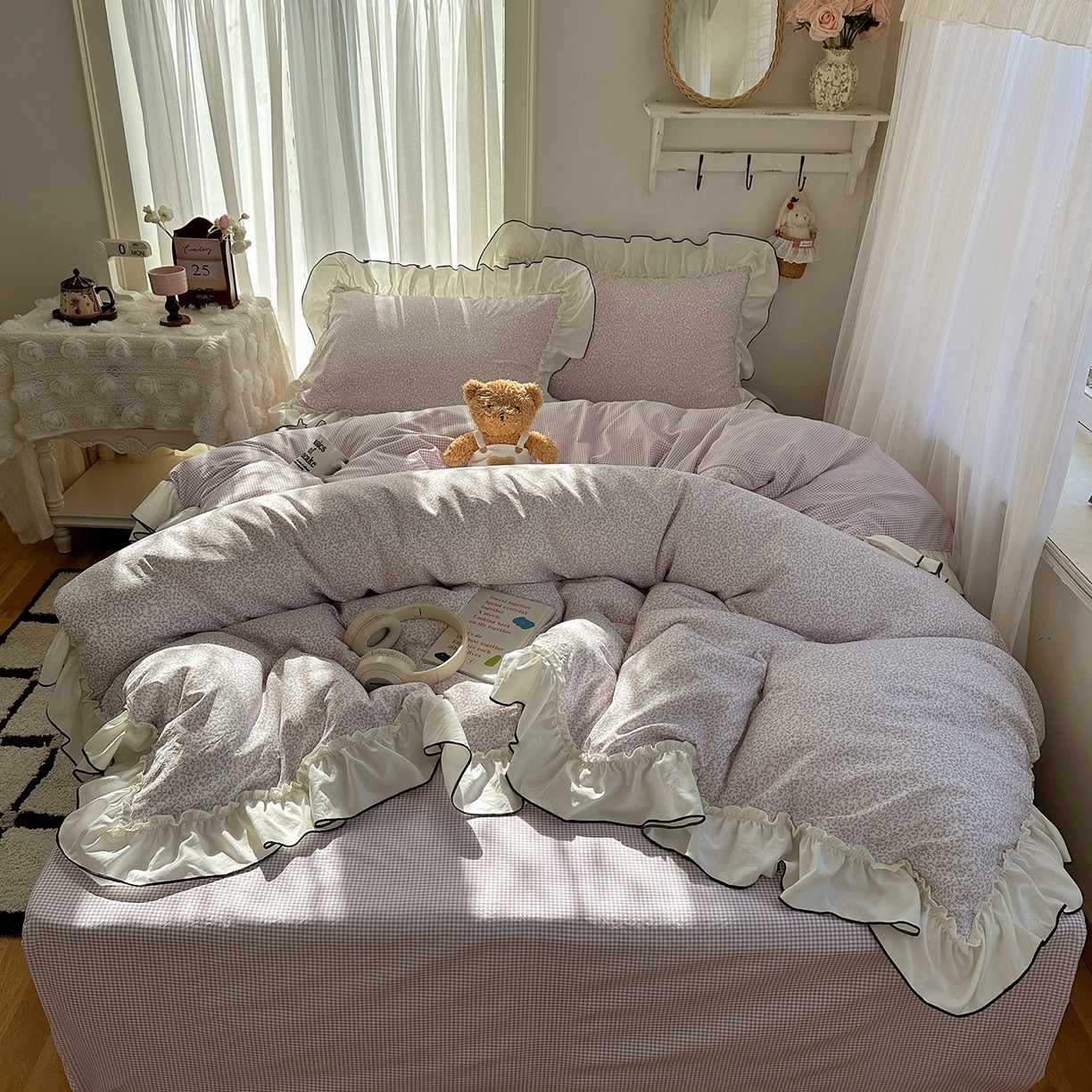 91家纺网 家纺一手货源 找家纺 初夏家纺 2026 法式花边公主风四件套小清新格子简约双人床床上用品三件套床单【提供买家秀】 花边恋曲-紫