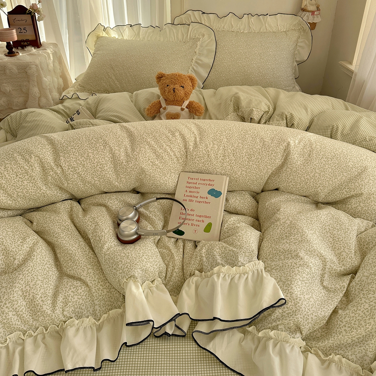 91家纺网 家纺一手货源 找家纺 初夏家纺 2026 法式花边公主风四件套小清新格子简约双人床床上用品三件套床单【提供买家秀】 花边恋曲-绿