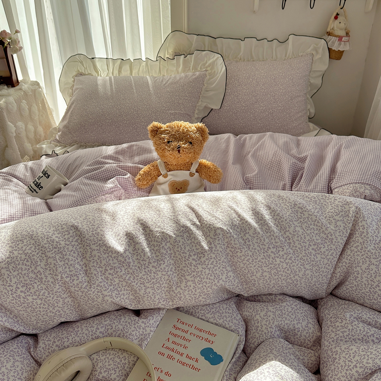 91家纺网 家纺一手货源 找家纺 初夏家纺 2026 法式花边公主风四件套小清新格子简约双人床床上用品三件套床单【提供买家秀】 花边恋曲-紫