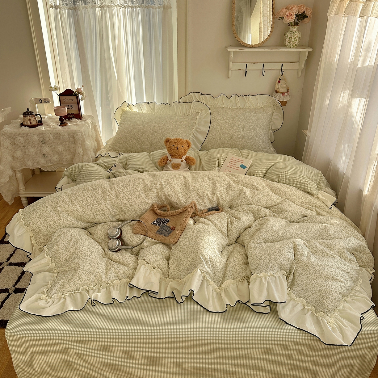 91家纺网 家纺一手货源 找家纺 初夏家纺 2026 法式花边公主风四件套小清新格子简约双人床床上用品三件套床单【提供买家秀】 花边恋曲-绿