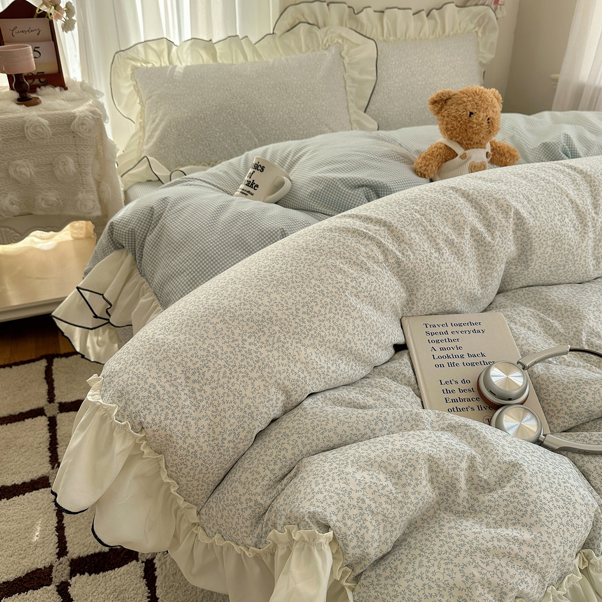 91家纺网 家纺一手货源 找家纺 初夏家纺 2026 法式花边公主风四件套小清新格子简约双人床床上用品三件套床单【提供买家秀】 花边恋曲-蓝