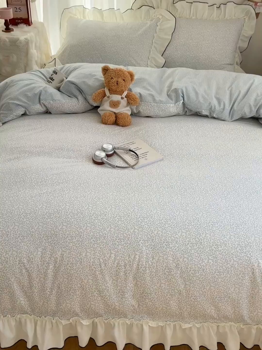 91家纺网 家纺一手货源 找家纺 初夏家纺 2026 法式花边公主风四件套小清新格子简约双人床床上用品三件套床单【提供买家秀】 花边恋曲-蓝