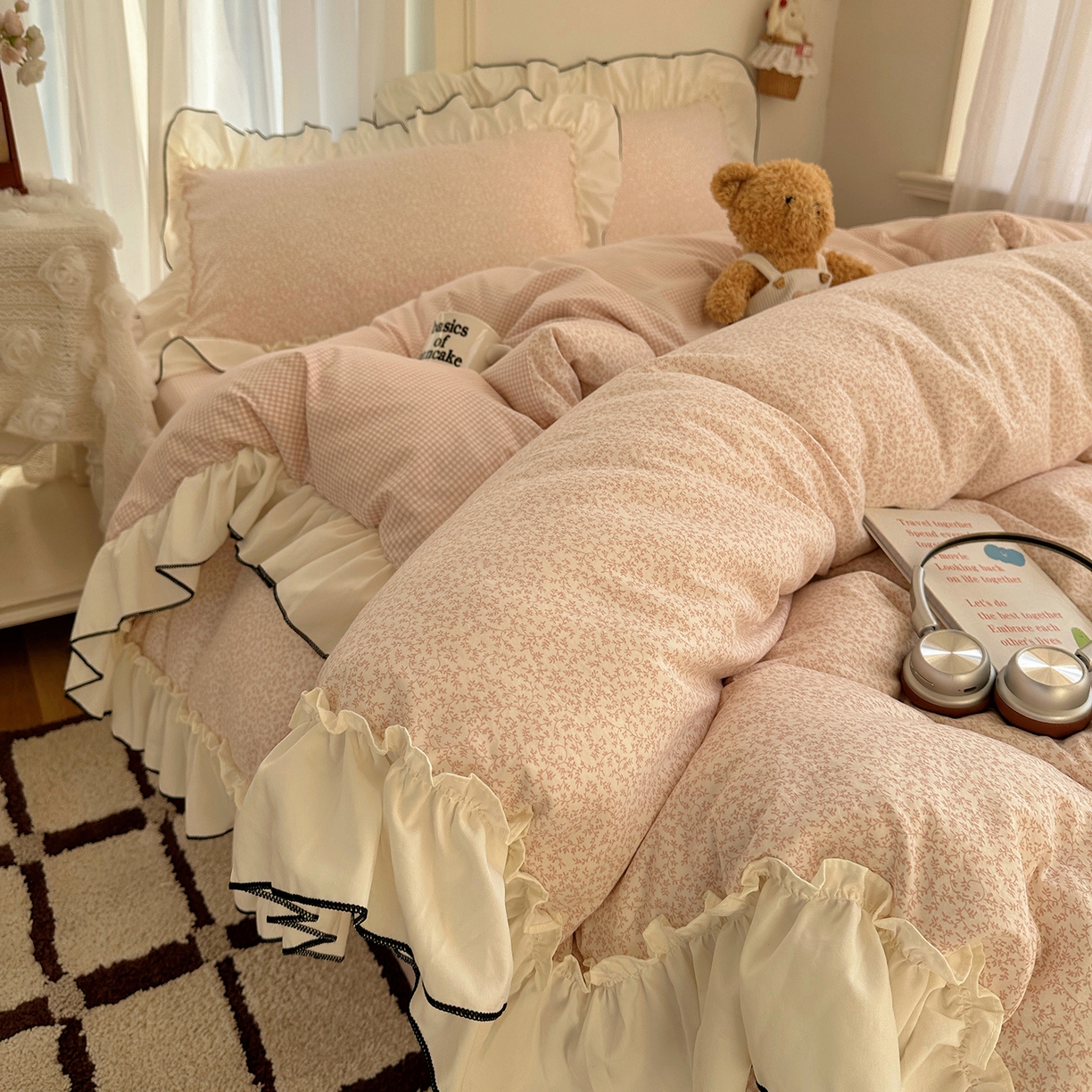 91家纺网 家纺一手货源 找家纺 初夏家纺 2026 法式花边公主风四件套小清新格子简约双人床床上用品三件套床单【提供买家秀】 花边恋曲-玉