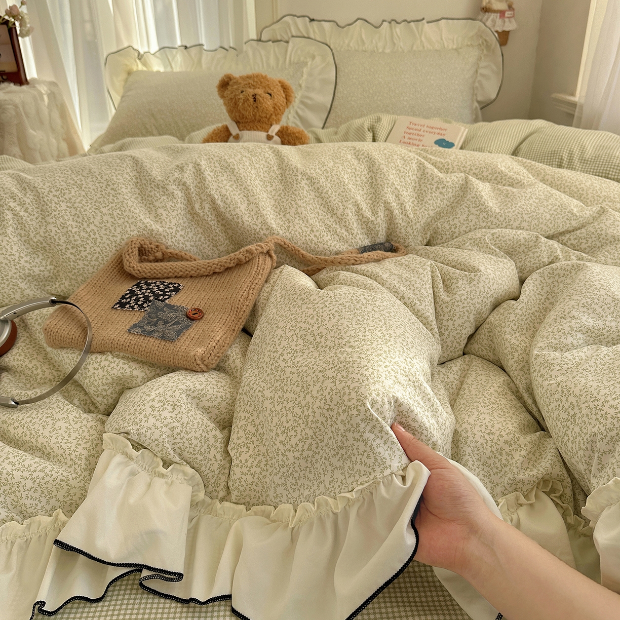 91家纺网 家纺一手货源 找家纺 初夏家纺 2026 法式花边公主风四件套小清新格子简约双人床床上用品三件套床单【提供买家秀】 花边恋曲-绿