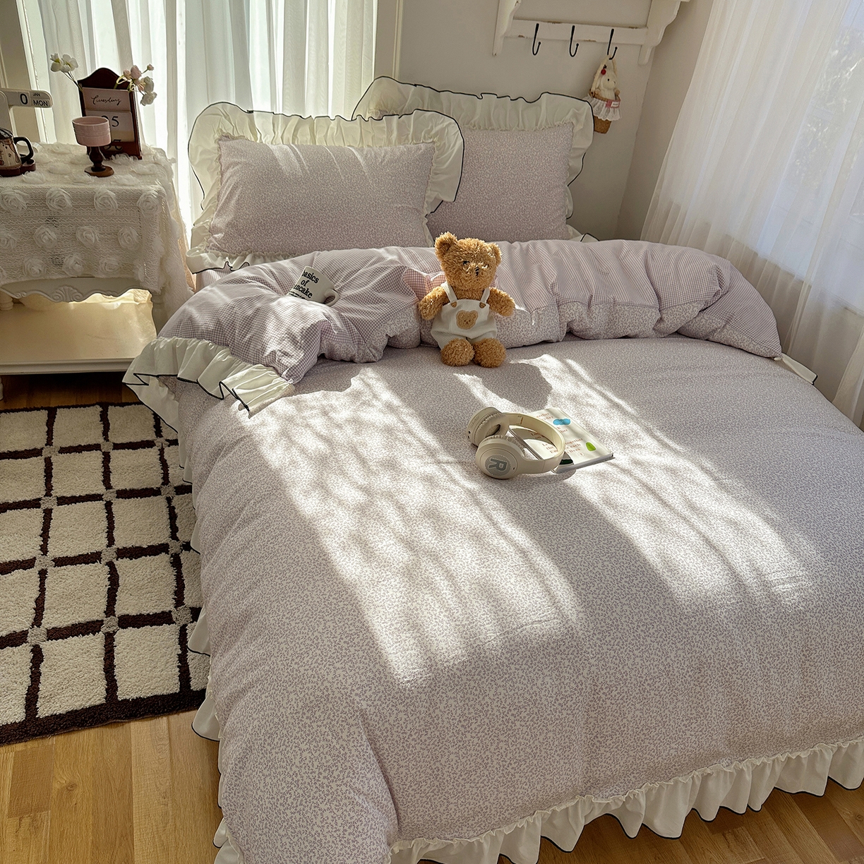 91家纺网 家纺一手货源 找家纺 初夏家纺 2026 法式花边公主风四件套小清新格子简约双人床床上用品三件套床单【提供买家秀】 花边恋曲-紫