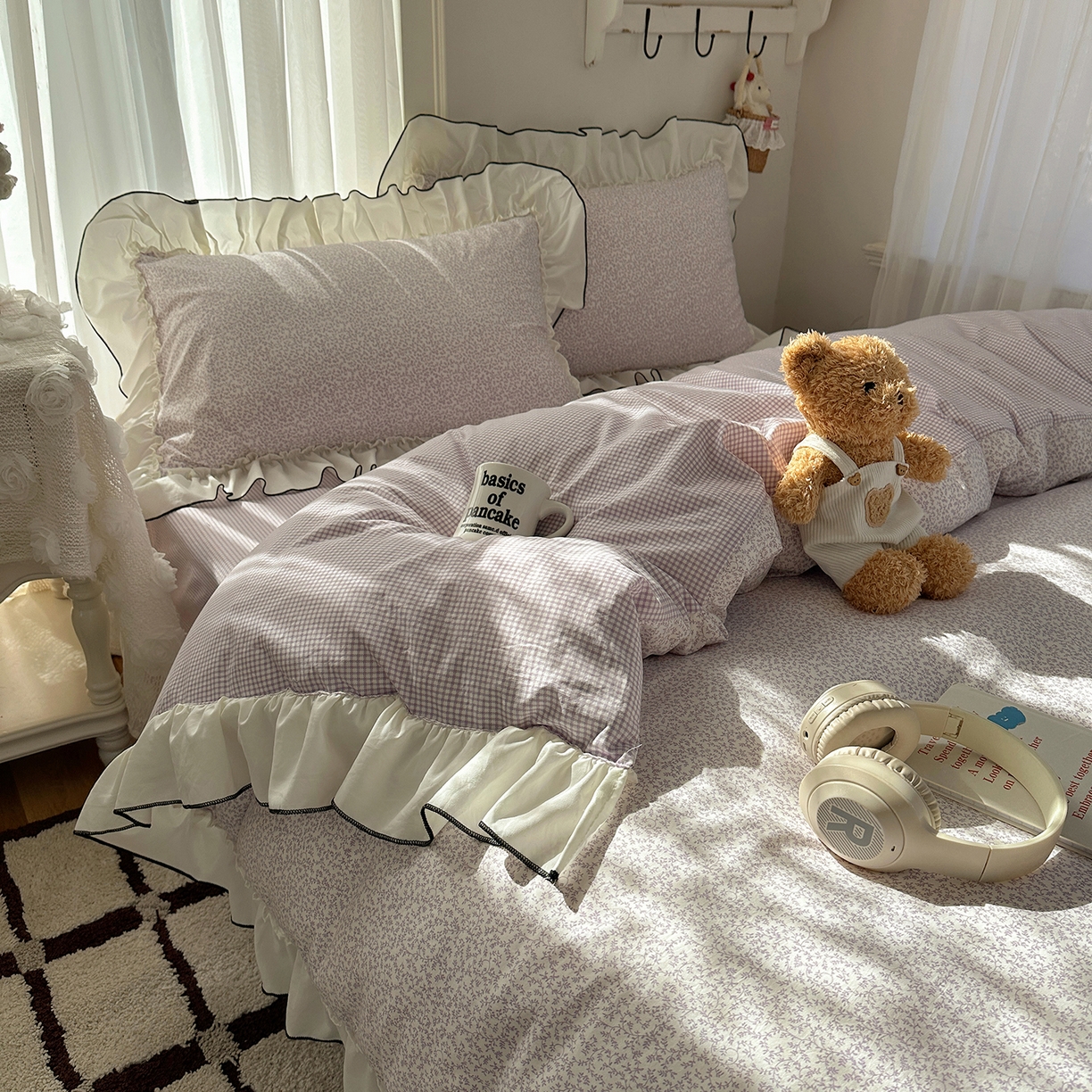 91家纺网 家纺一手货源 找家纺 初夏家纺 2026 法式花边公主风四件套小清新格子简约双人床床上用品三件套床单【提供买家秀】 花边恋曲-紫